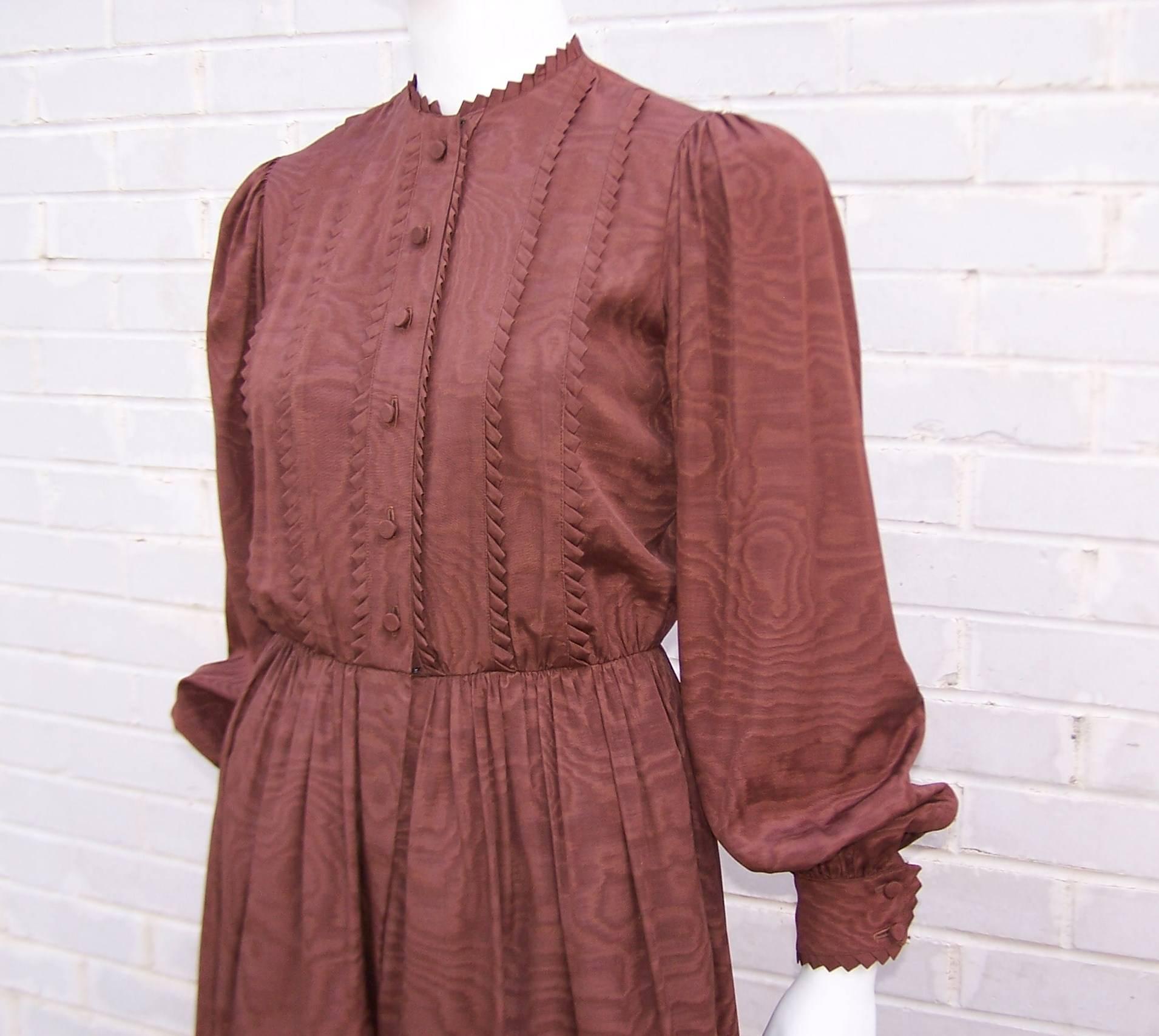 Women's Adele Simpson Brown Moire Dress, C.1980 For Sale