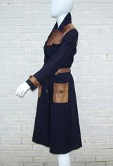 1970's Roberta Di Camerino Navy Blue Wool Trench Coat With Leather Details