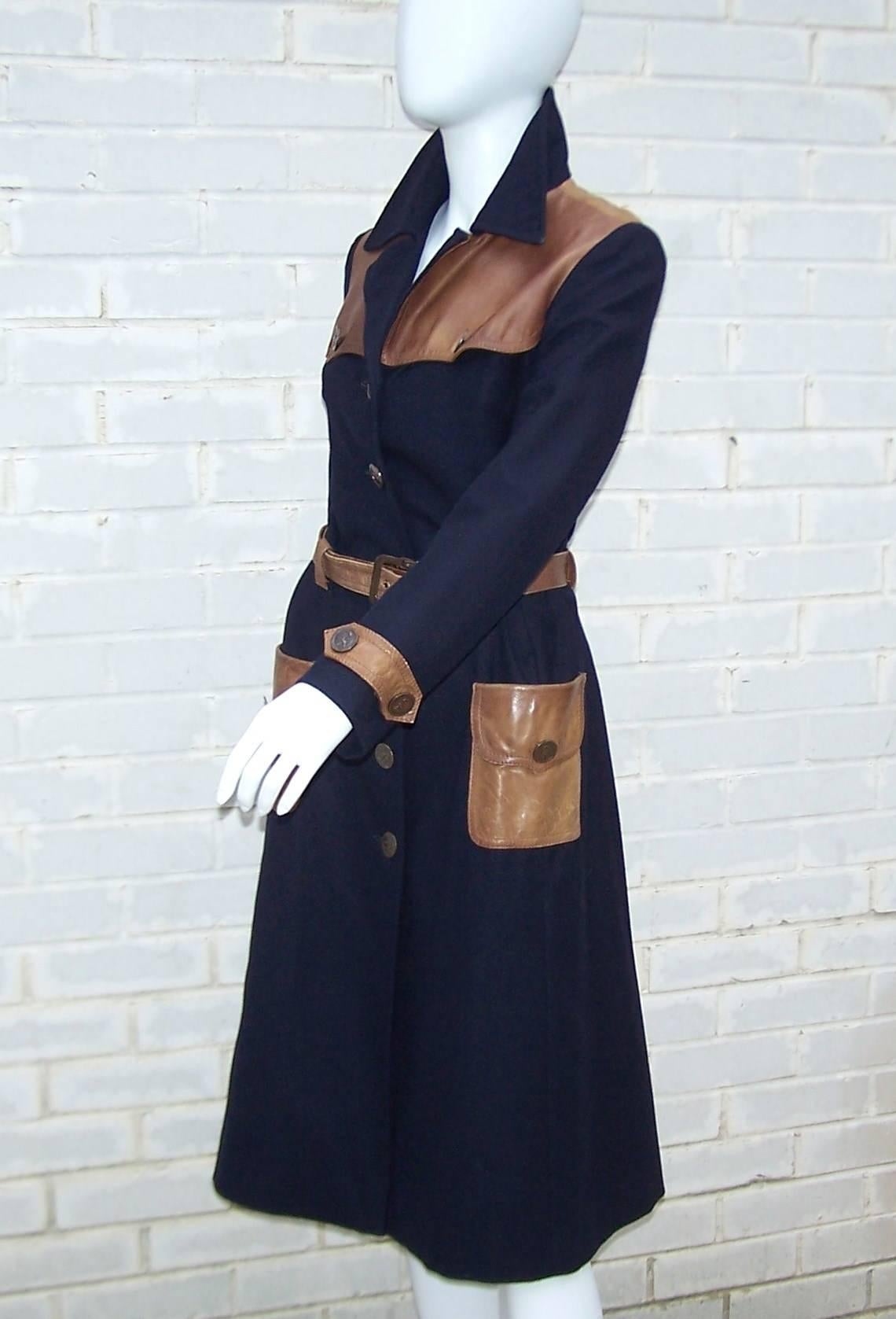 Black 1970's Roberta Di Camerino Navy Blue Wool Trench Coat With Leather Details