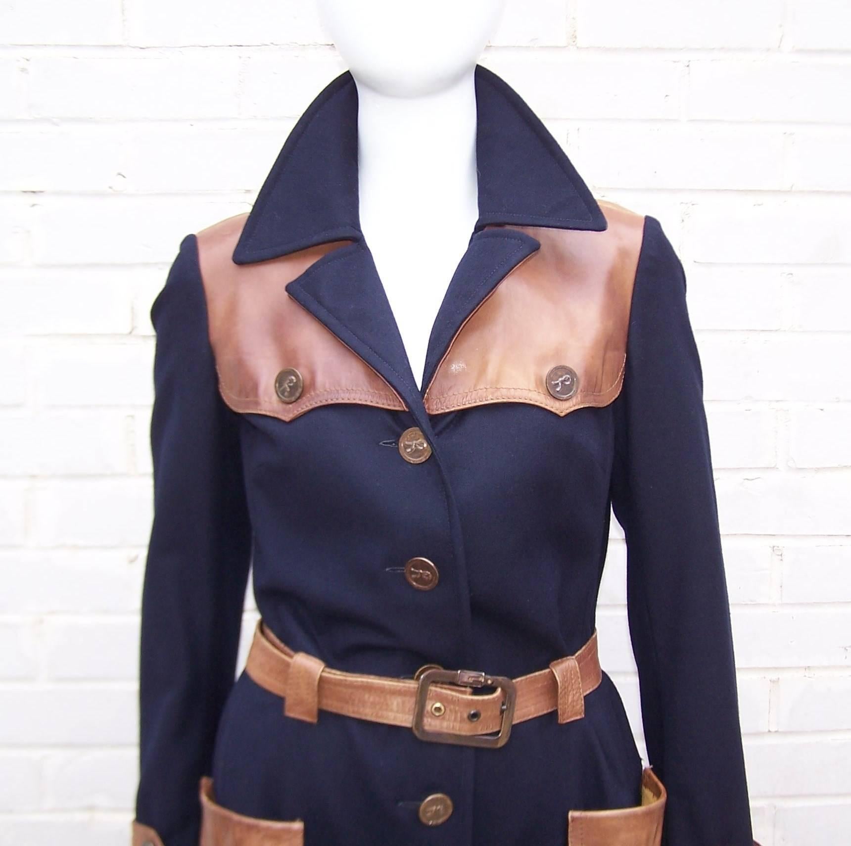 Women's 1970's Roberta Di Camerino Navy Blue Wool Trench Coat With Leather Details