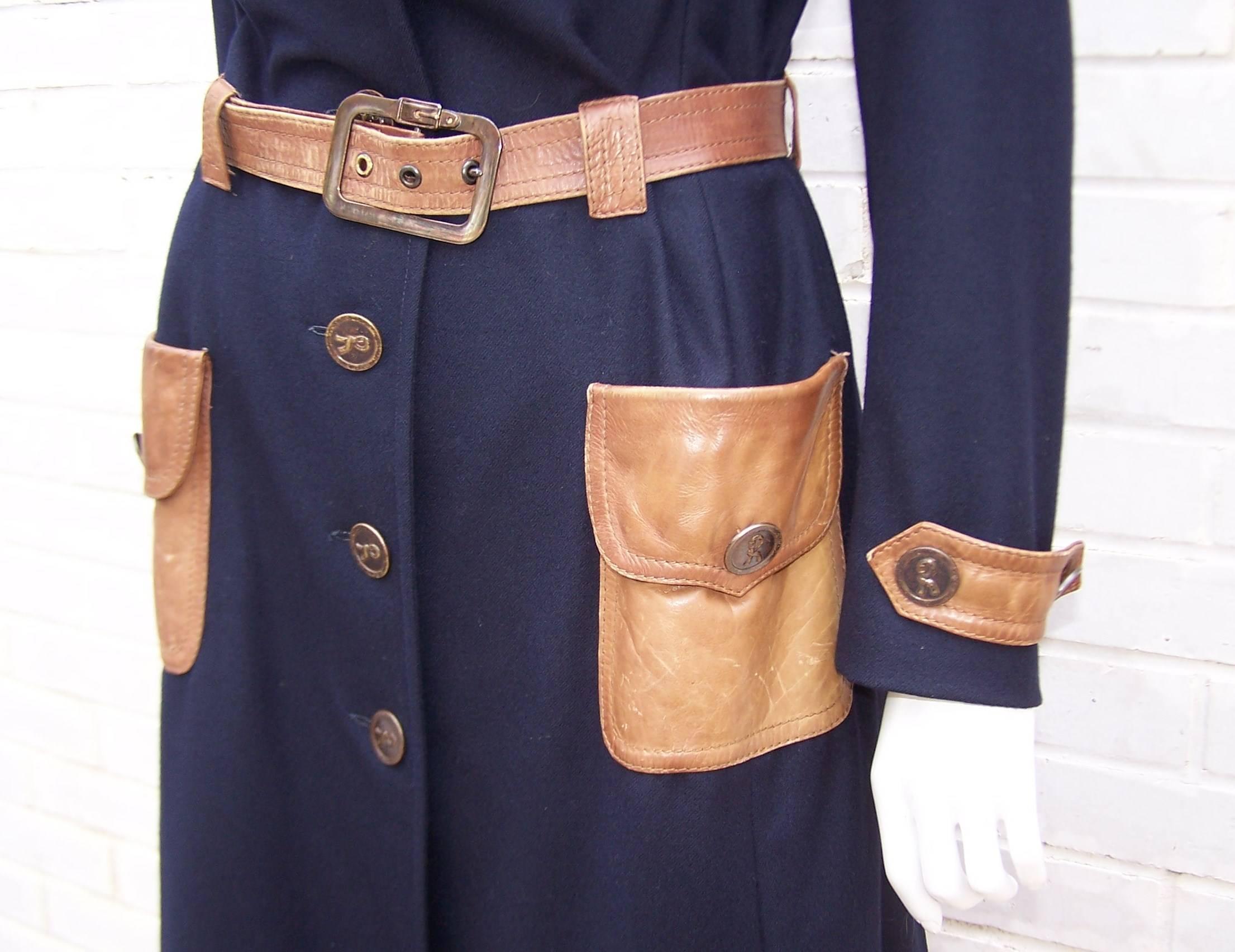 1970's Roberta Di Camerino Navy Blue Wool Trench Coat With Leather Details 3