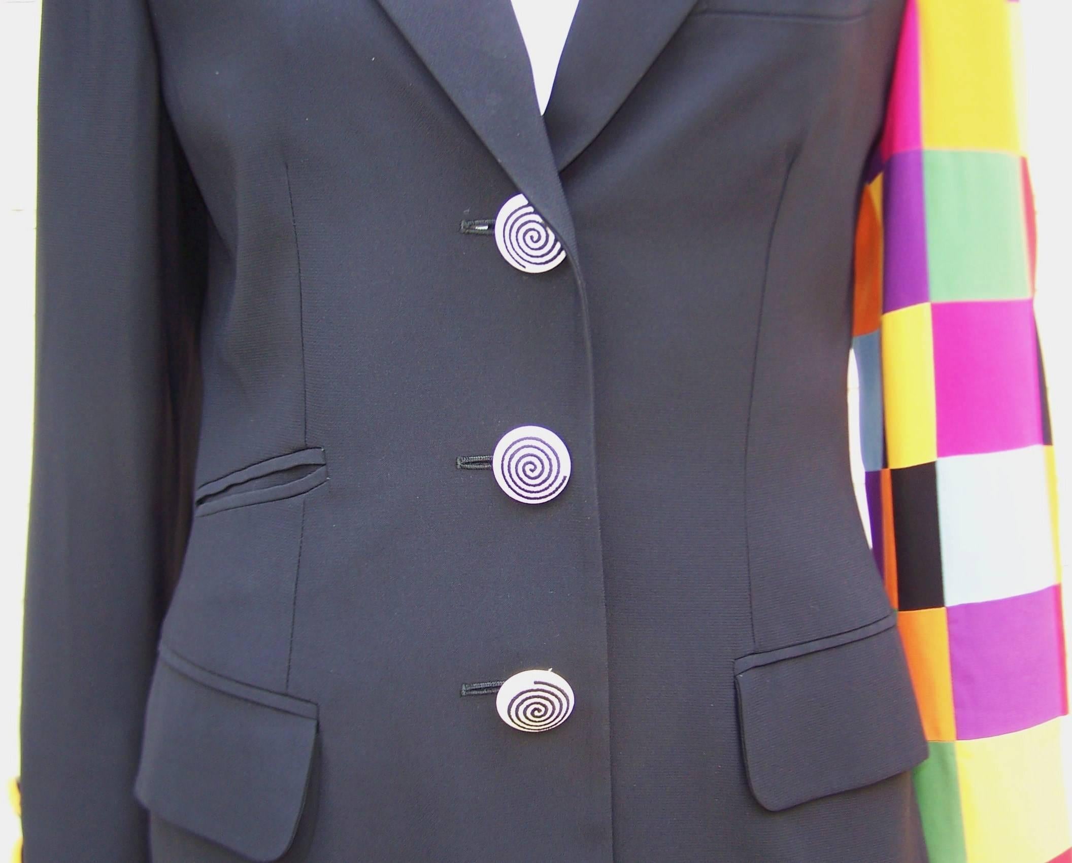 Black C.1990 Moschino Couture Whimsical Colorblock 'Keep Fashion Tidy' Suit