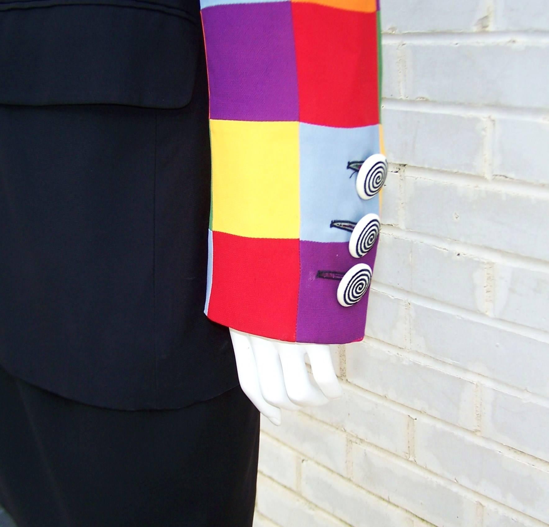 C.1990 Moschino Couture Whimsical Colorblock 'Keep Fashion Tidy' Suit In Excellent Condition In Atlanta, GA