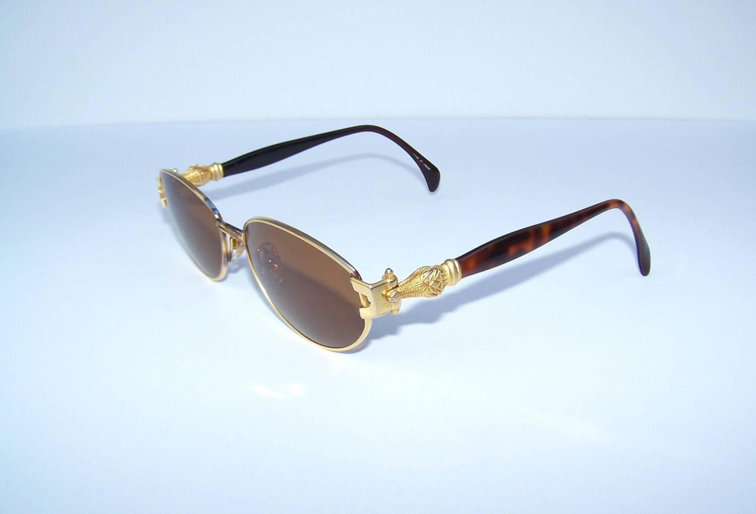 C.1990 Kieselstein Cord Gold Metal and Tortoise Crocodile Sunglasses at