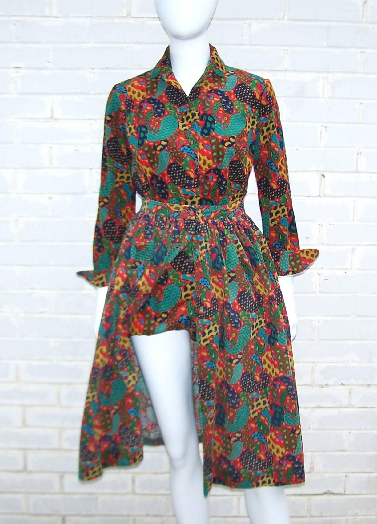 There are so many possibilities with this Anne Fogarty 1970's lightweight corduroy ensemble.  Start with the adorable romper which buttons at the front with a Peter Pan collar and elasticized legs to create bloomers on the bottom and then add a