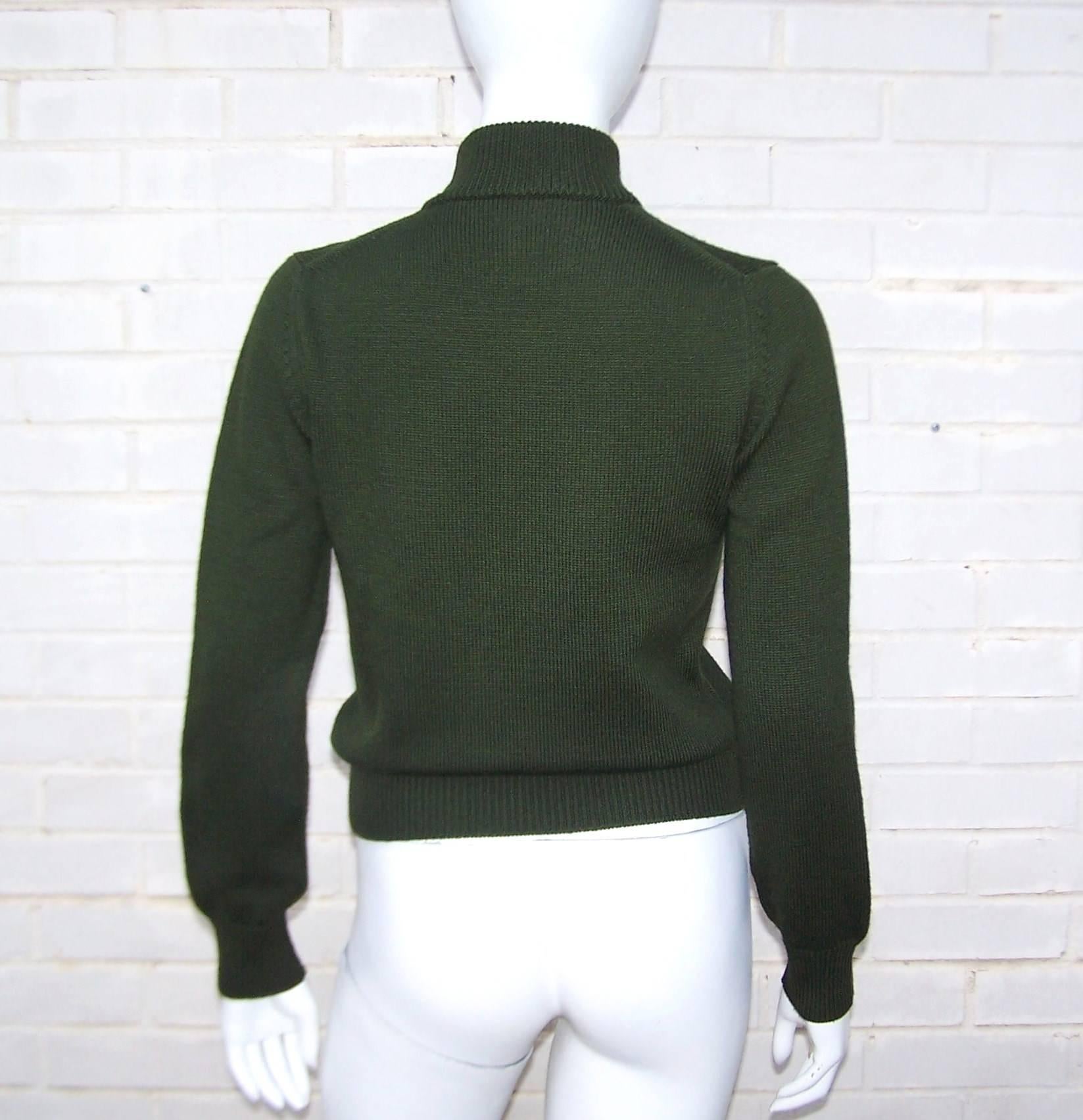 Women's C.1990 Byblos Army Green Turtleneck Sweater With Op Art Yarn Details