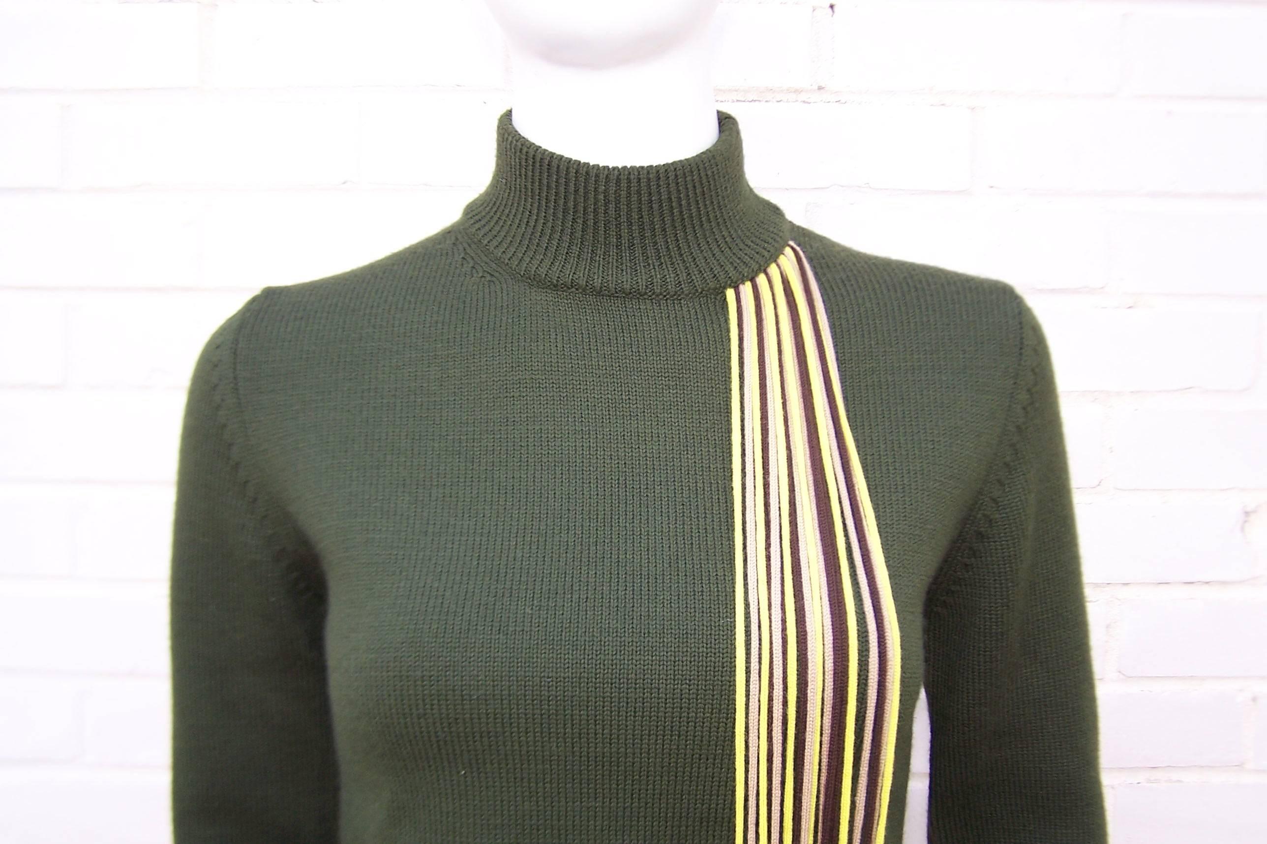 C.1990 Byblos Army Green Turtleneck Sweater With Op Art Yarn Details 1