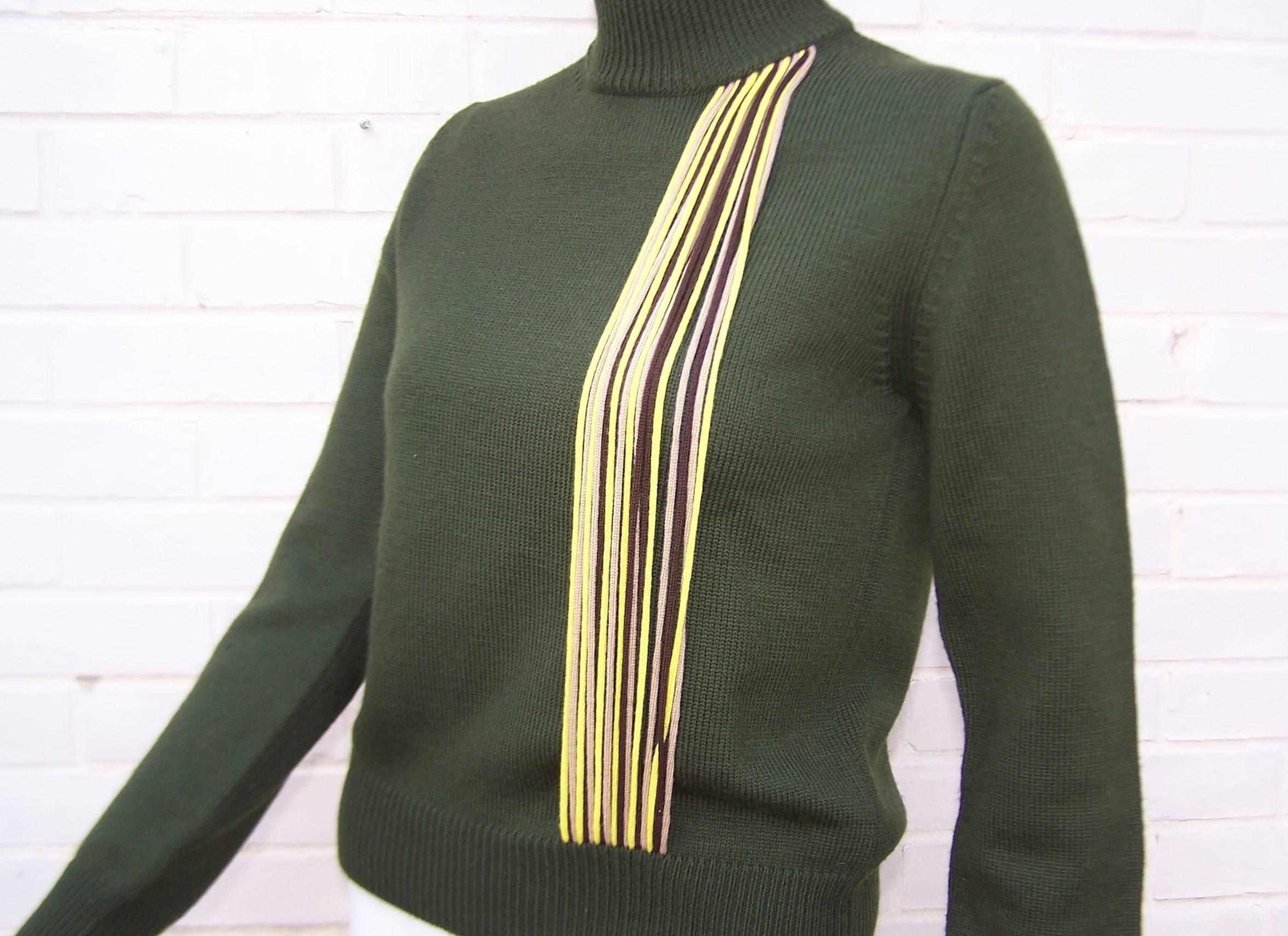 C.1990 Byblos Army Green Turtleneck Sweater With Op Art Yarn Details 3