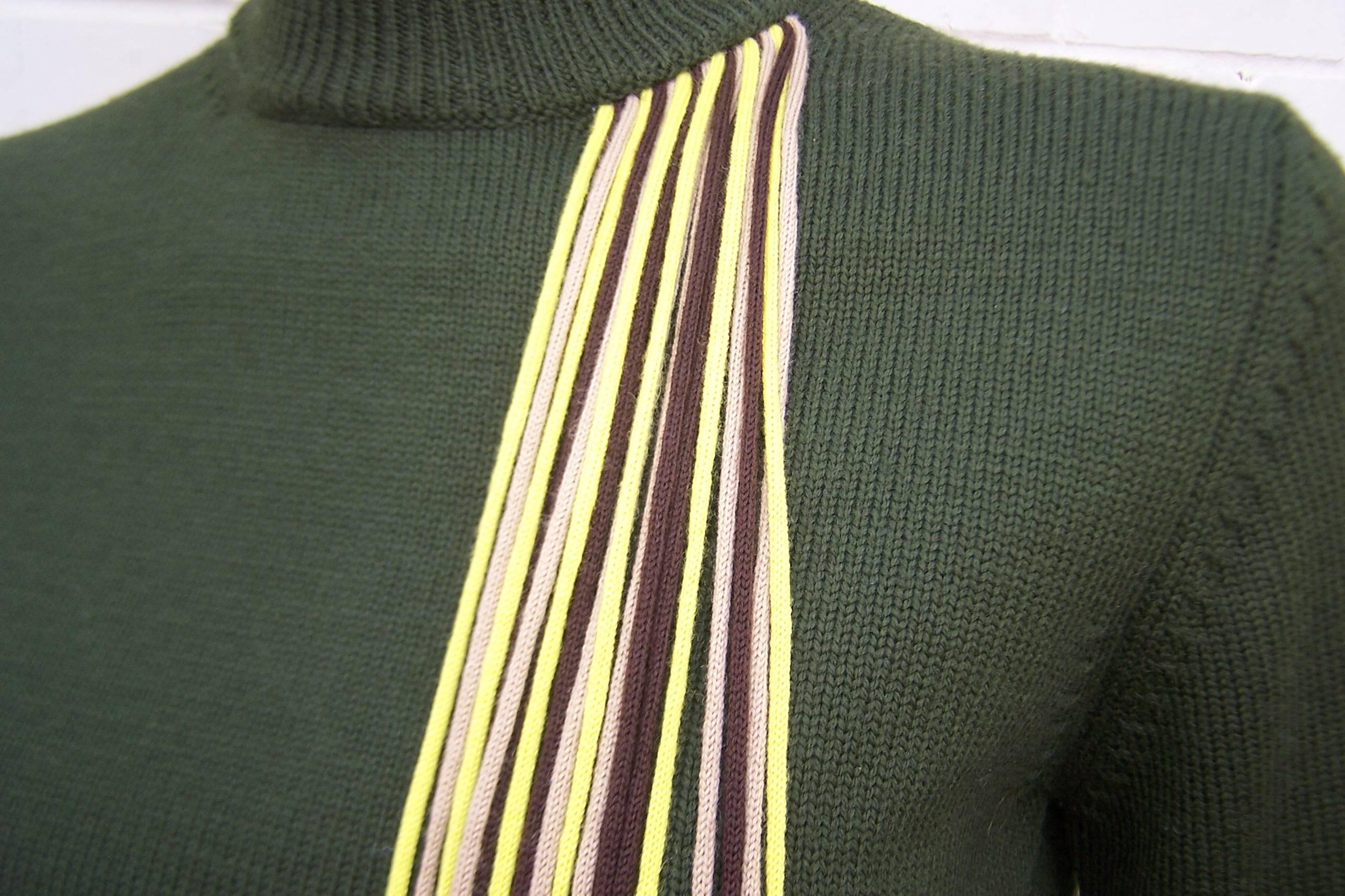 C.1990 Byblos Army Green Turtleneck Sweater With Op Art Yarn Details 4
