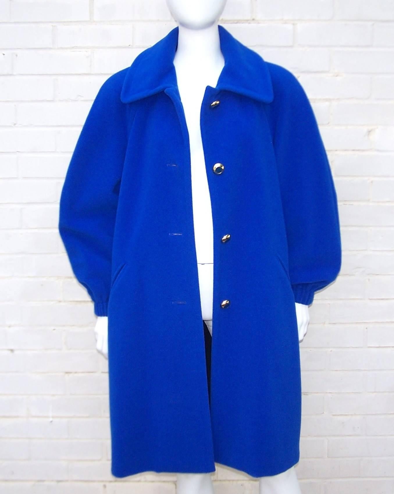 1980's Escada Electric Blue Cocoon Coat With Bib Closure & Gold Buttons In Excellent Condition In Atlanta, GA