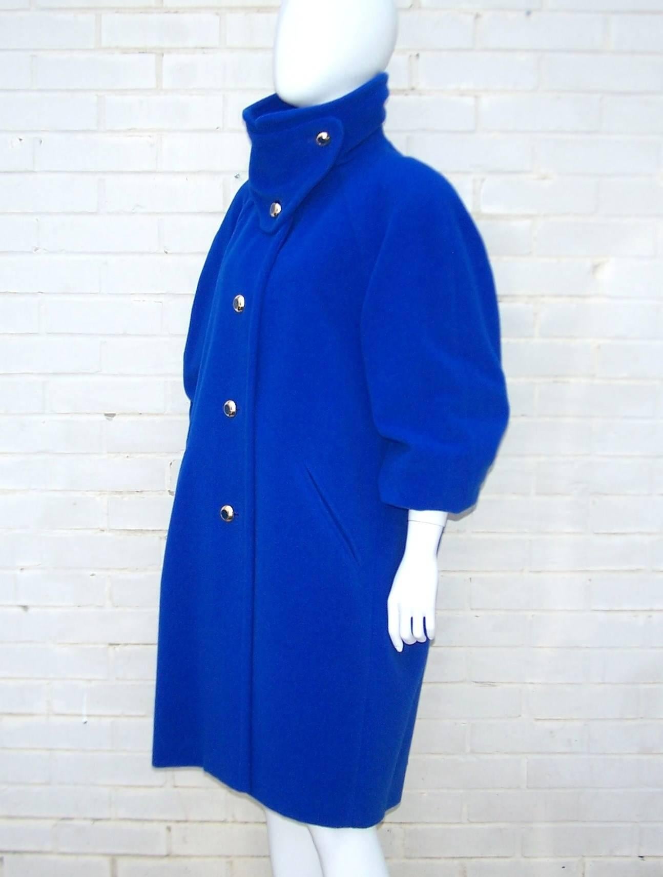Women's 1980's Escada Electric Blue Cocoon Coat With Bib Closure & Gold Buttons