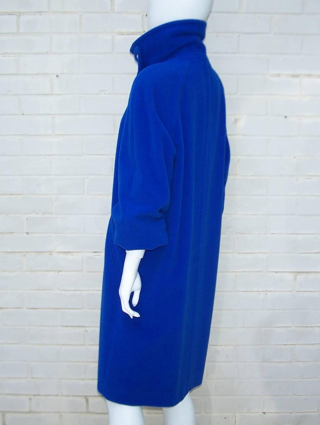1980's Escada Electric Blue Cocoon Coat With Bib Closure & Gold Buttons 1