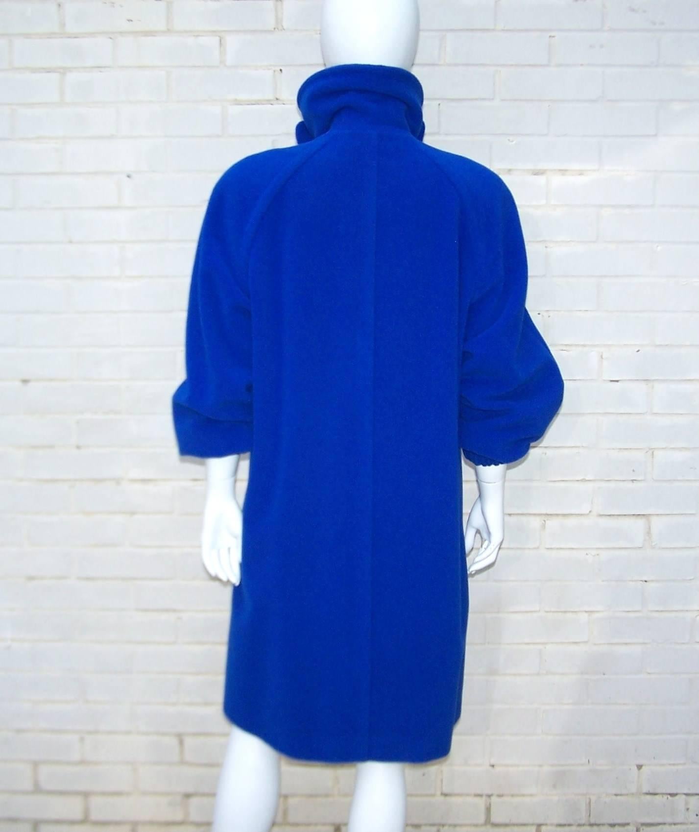 1980's Escada Electric Blue Cocoon Coat With Bib Closure & Gold Buttons 2