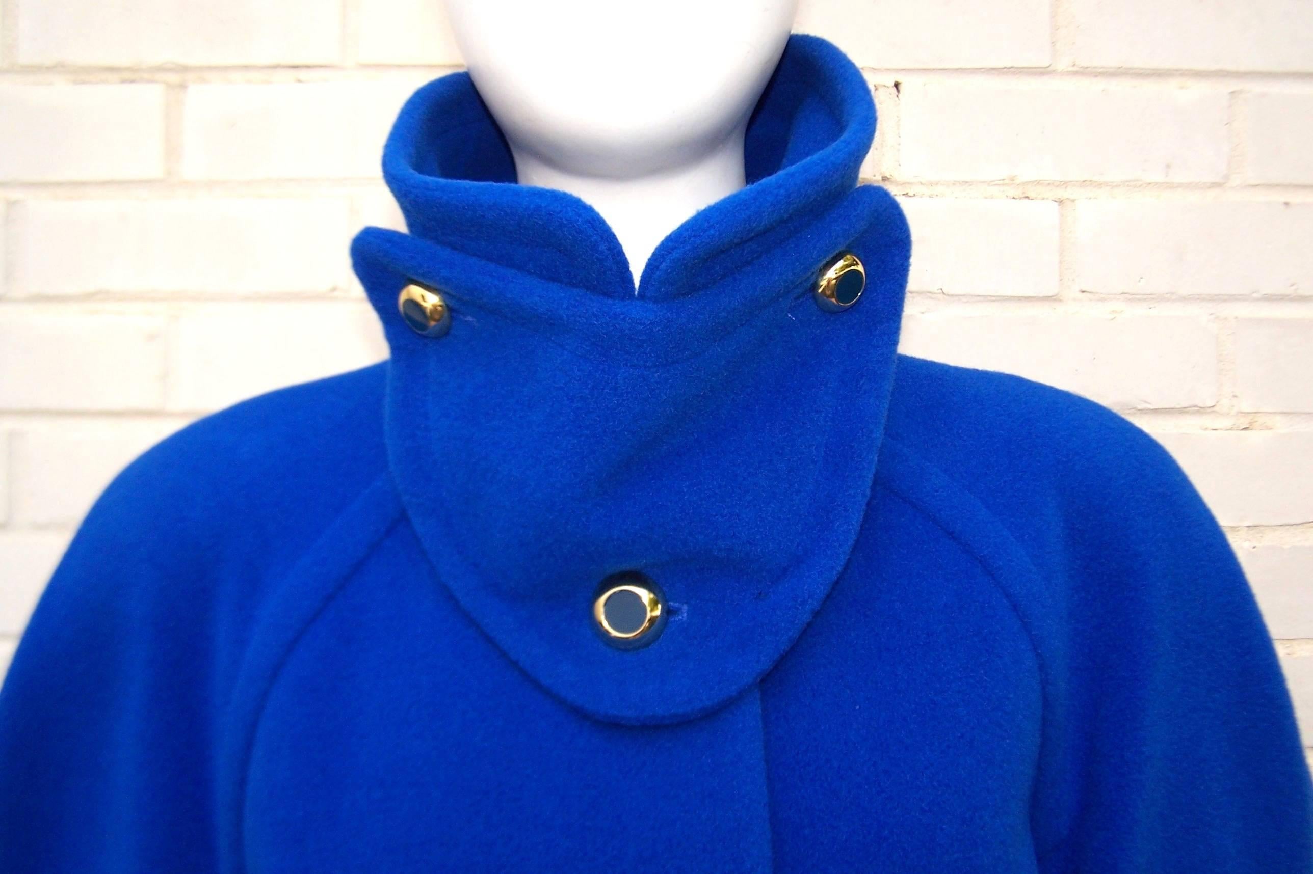 1980's Escada Electric Blue Cocoon Coat With Bib Closure & Gold Buttons 3