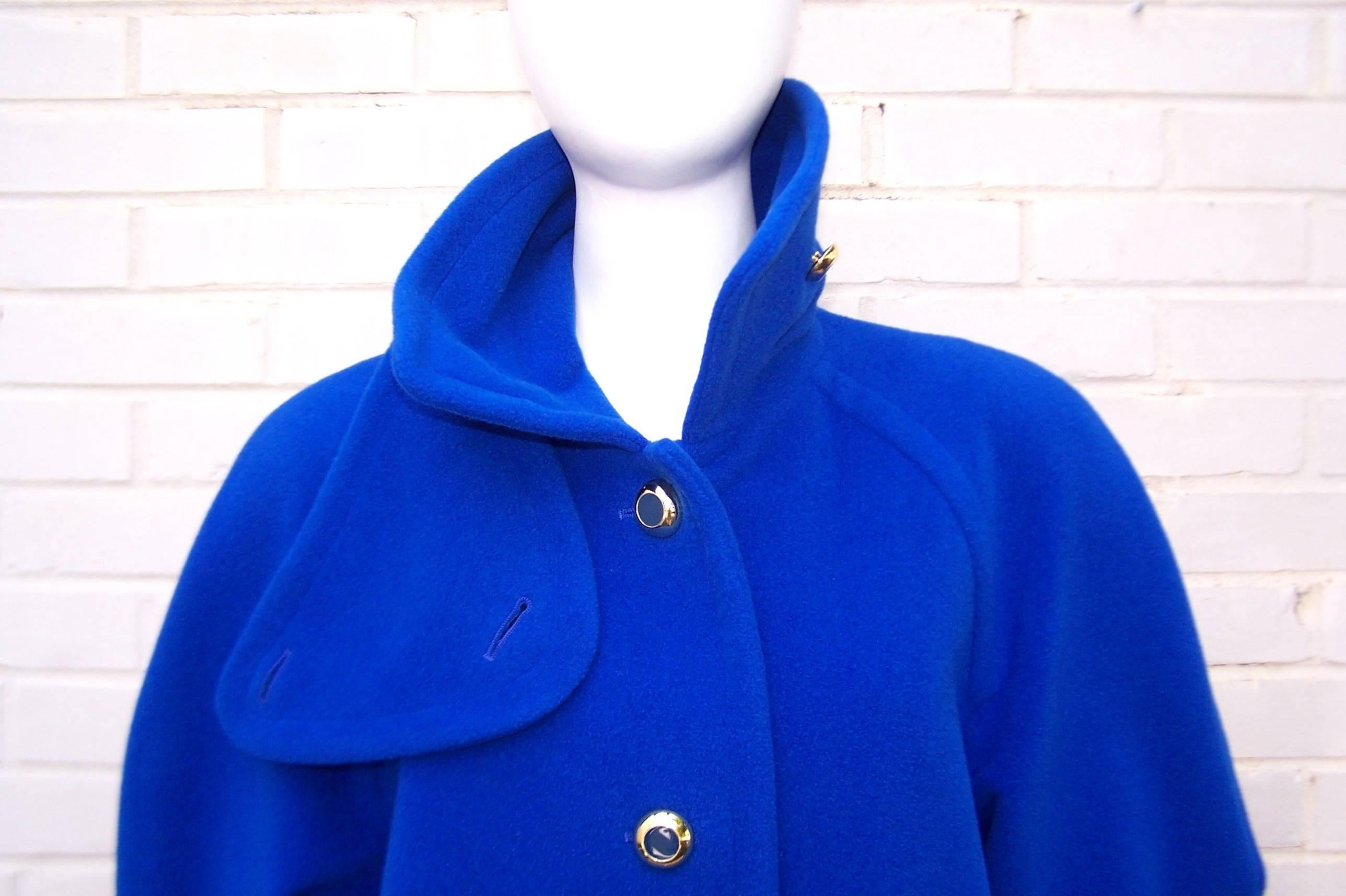 1980's Escada Electric Blue Cocoon Coat With Bib Closure & Gold Buttons 4