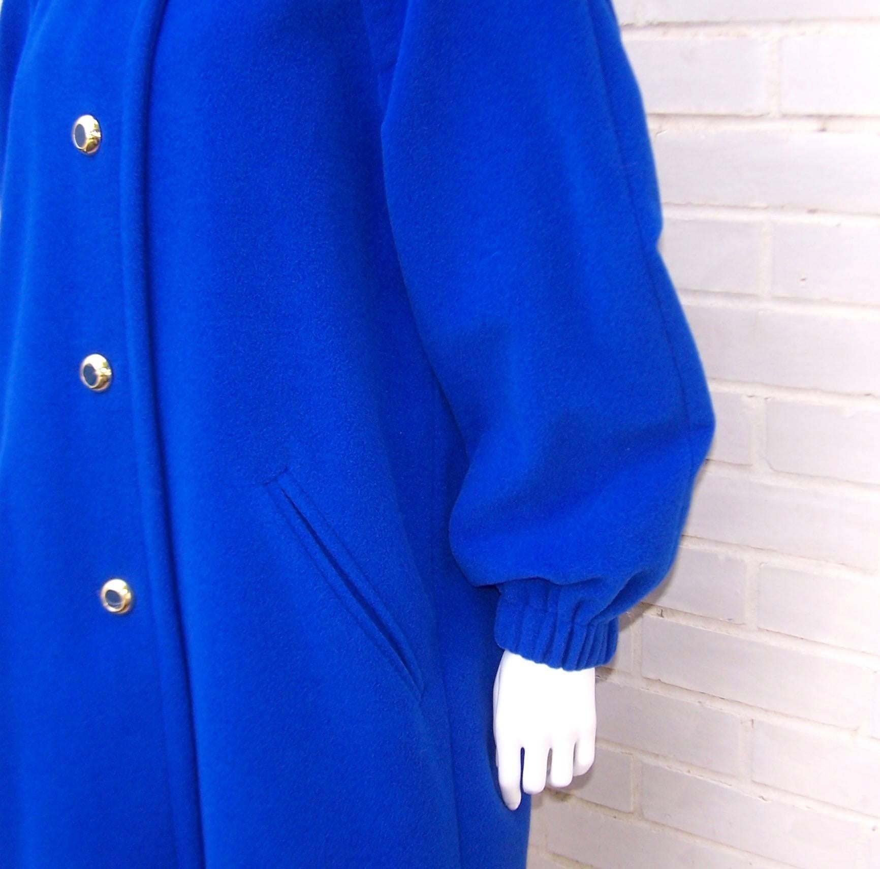 1980's Escada Electric Blue Cocoon Coat With Bib Closure & Gold Buttons 5