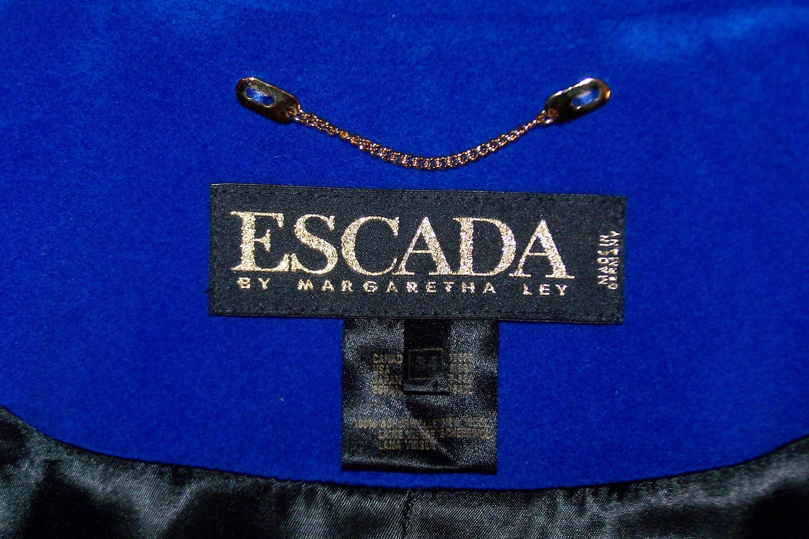 1980's Escada Electric Blue Cocoon Coat With Bib Closure & Gold Buttons 6