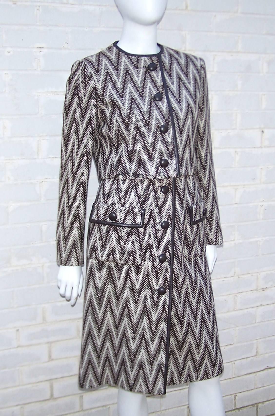 Gray 1970's Gloria Sachs Chevron Brown Tweed Suit With Leather Trim & Buttons