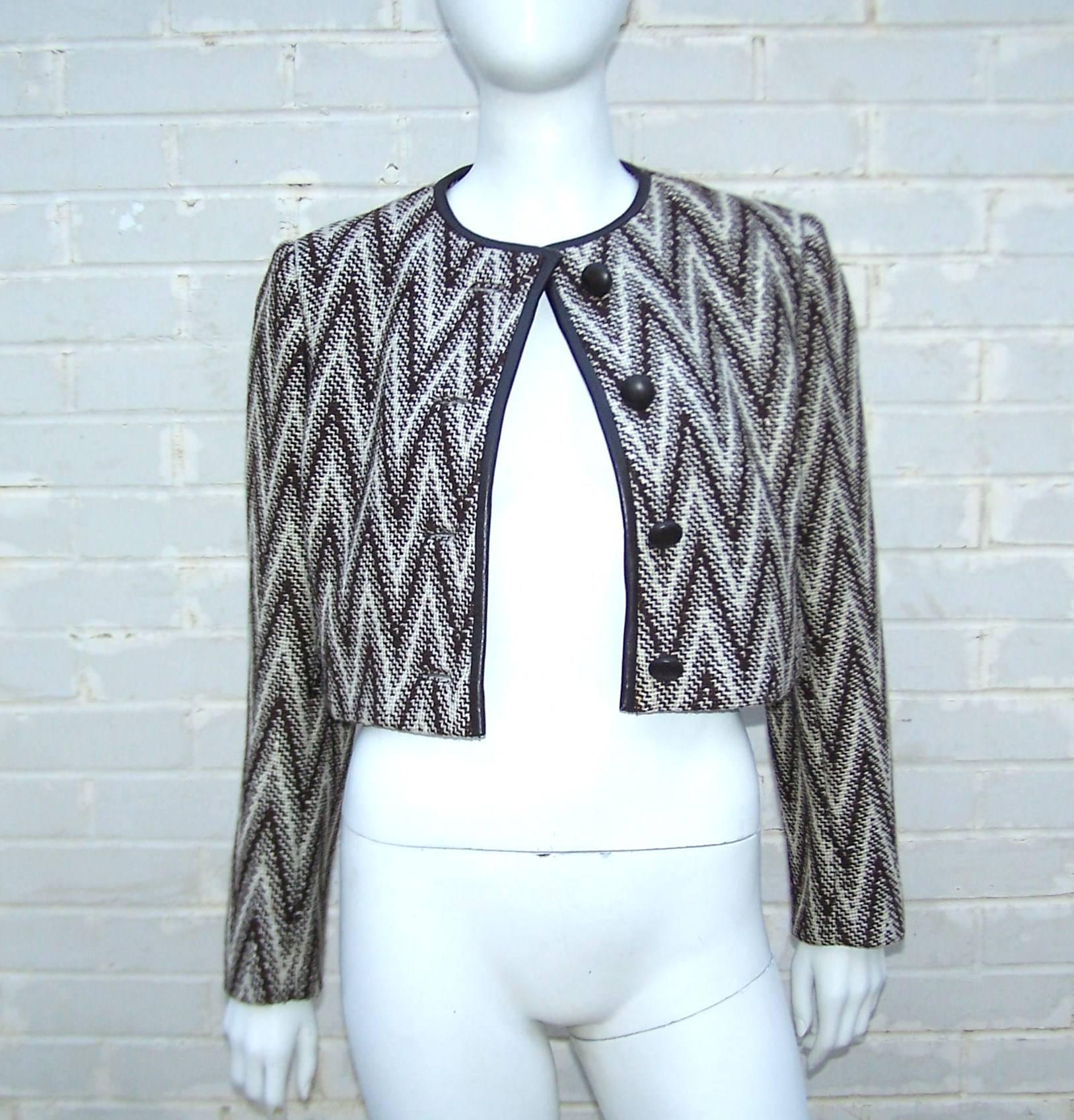 1970's Gloria Sachs Chevron Brown Tweed Suit With Leather Trim & Buttons 4