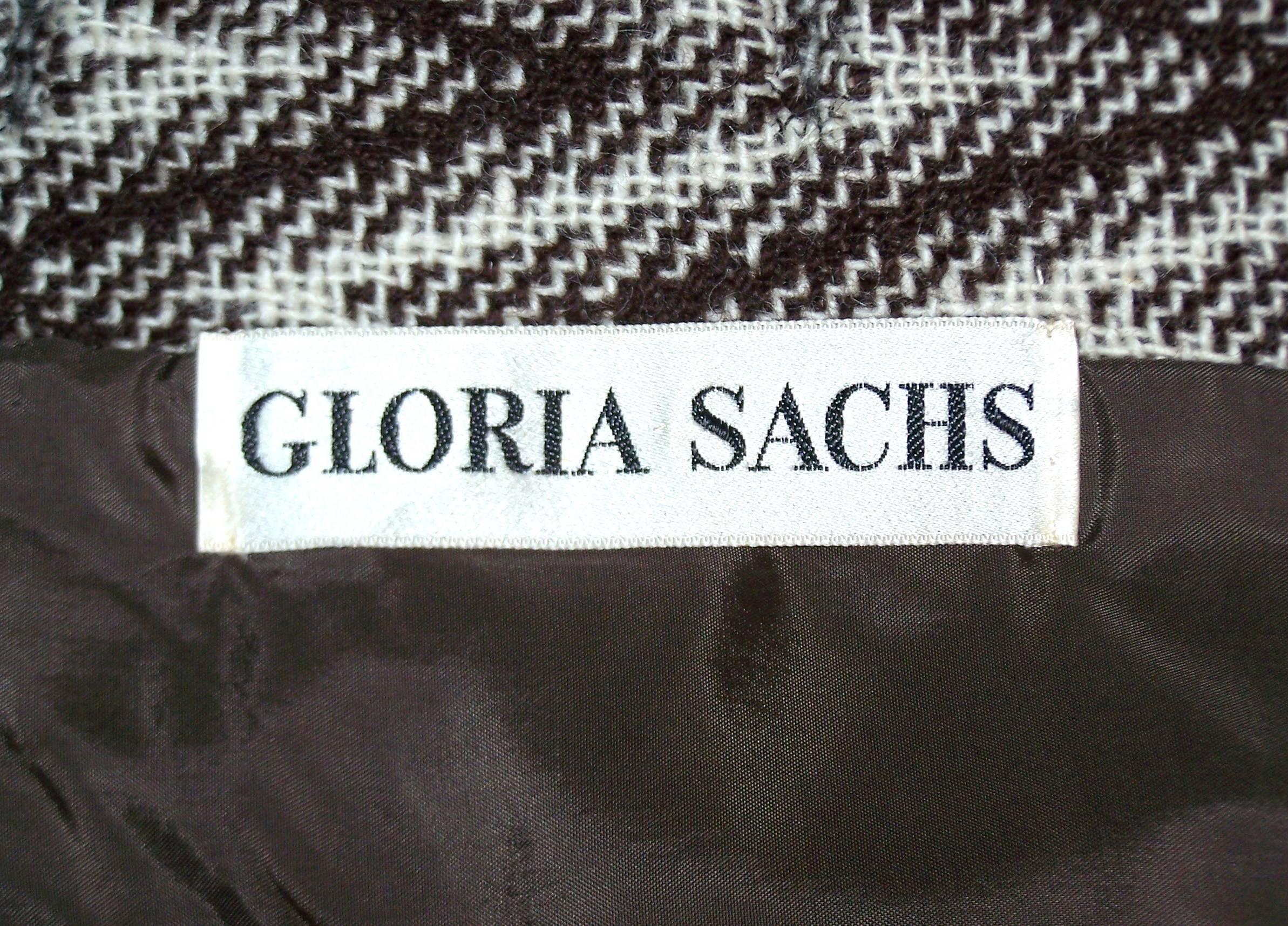 1970's Gloria Sachs Chevron Brown Tweed Suit With Leather Trim & Buttons 5