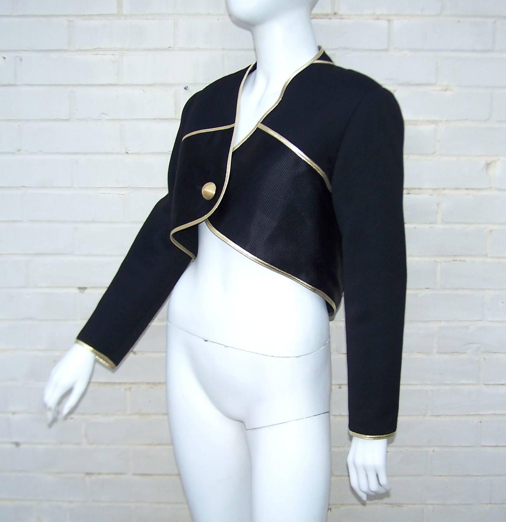 1980's Asymmetrical Geoffrey Beene Black & Gold Bolero Jacket In Excellent Condition In Atlanta, GA