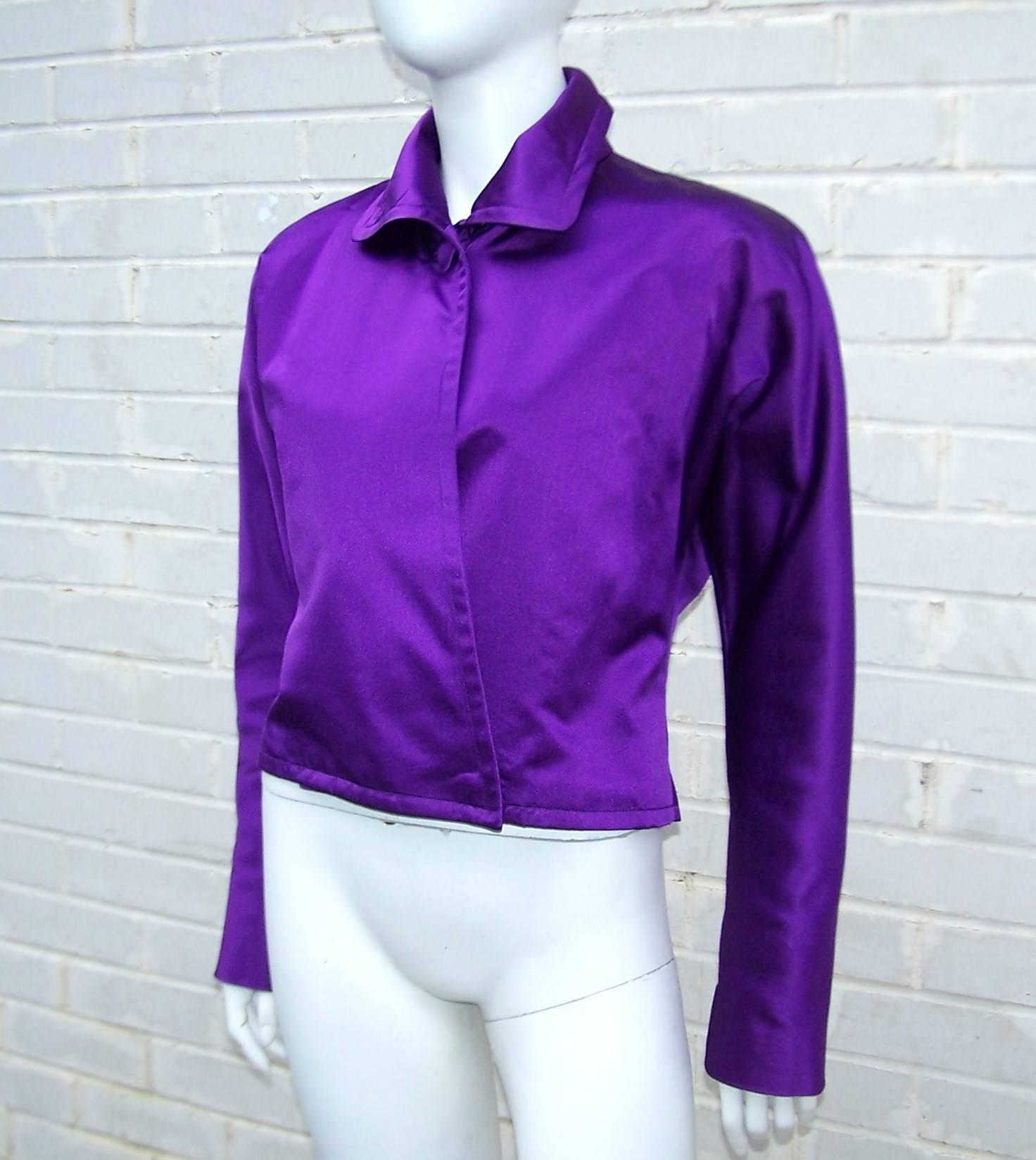 Jockey Style 1980's Ralph Lauren Royal Purple Silk Satin Jacket In Excellent Condition In Atlanta, GA