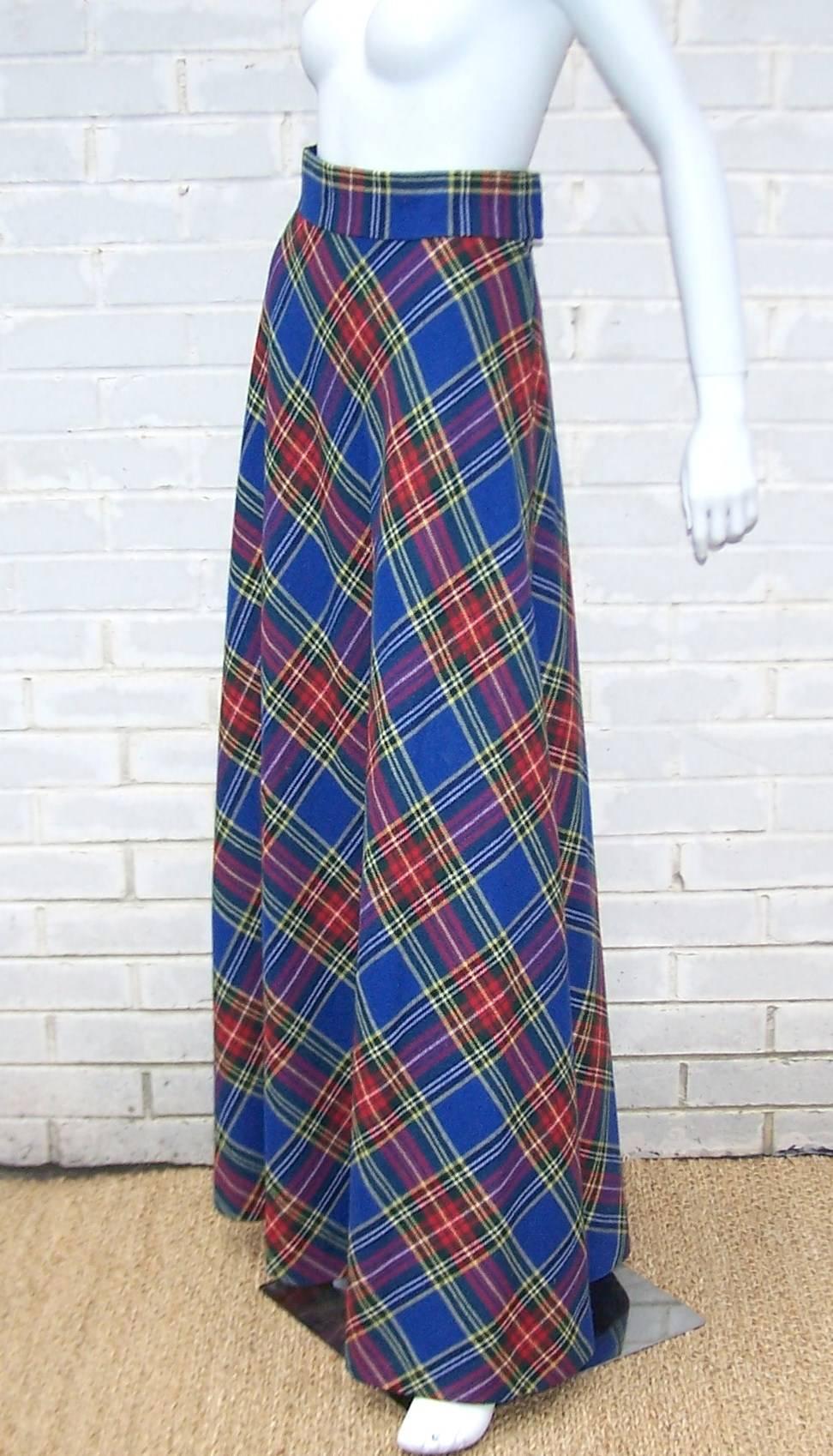 Women's 1970's Electric Blue Wool Plaid Maxi Skirt