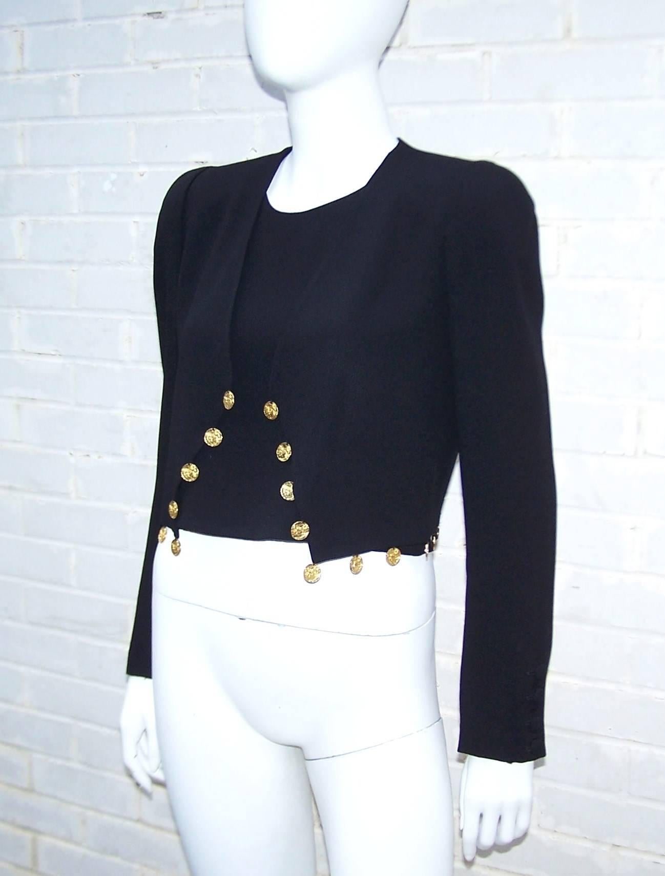 1980's Sonia Rykiel Black Crepe Coin Embellished Jacket With Matching Shell In Excellent Condition In Atlanta, GA