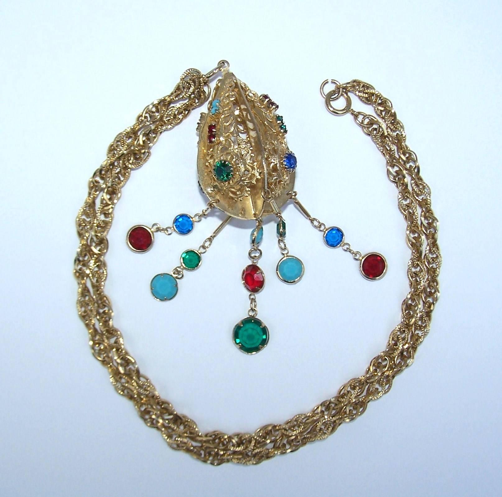 Modern Colorful C.1970 Bejeweled Pendant with Gold Metal Rope Chain