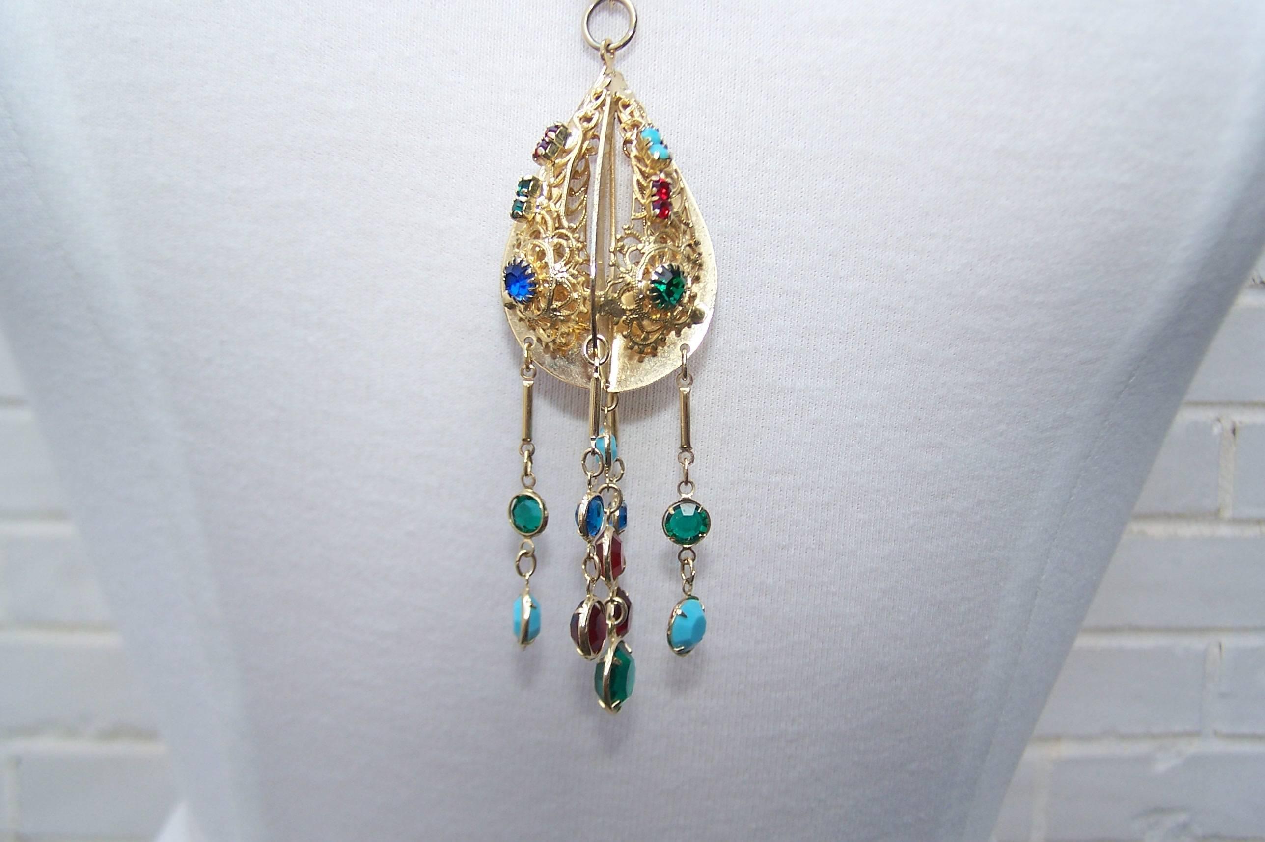 Women's Colorful C.1970 Bejeweled Pendant with Gold Metal Rope Chain