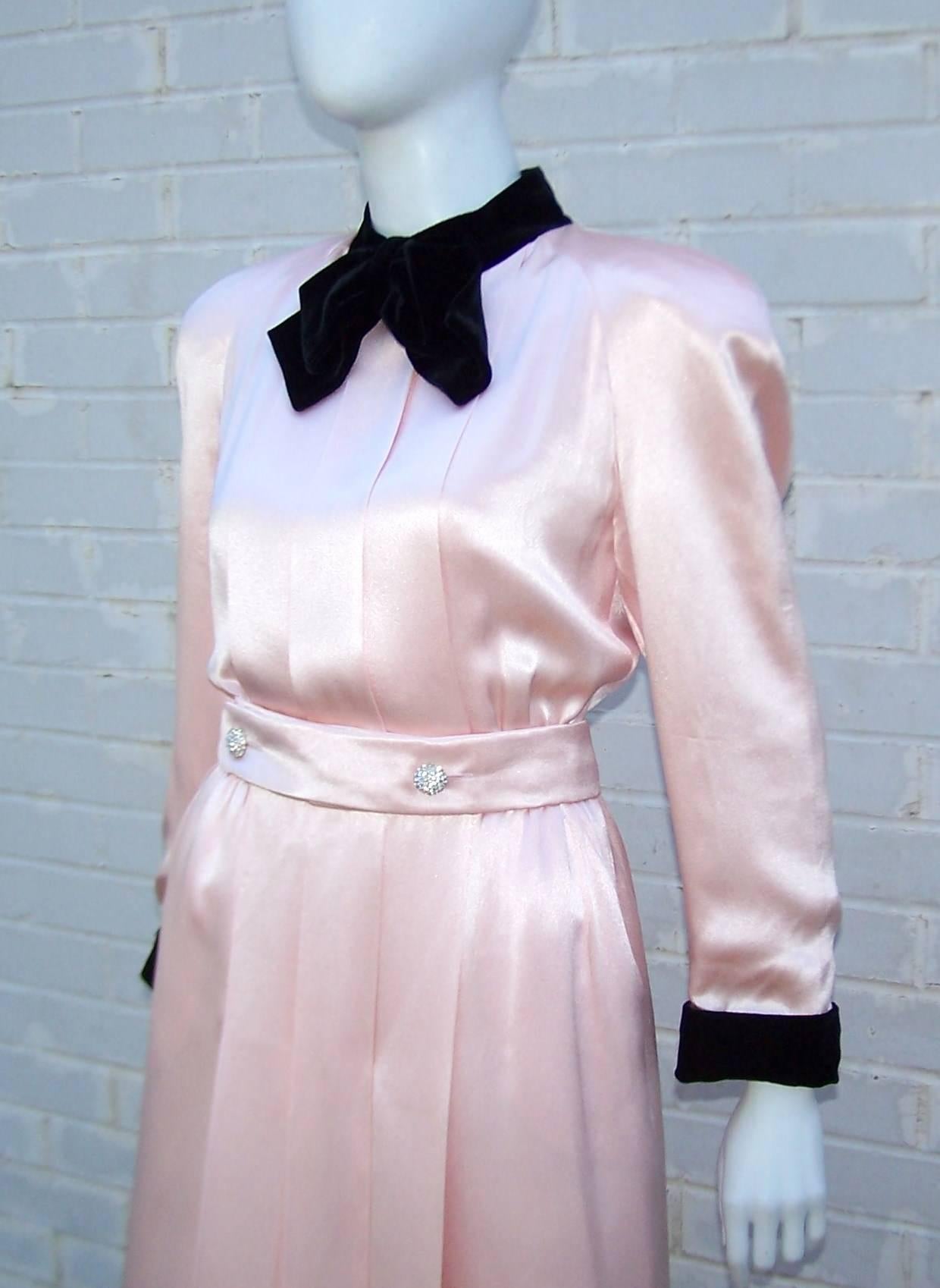Women's Glam C.1980 Albert Nipon Pink Charmeuse Dress With Black Velvet Details