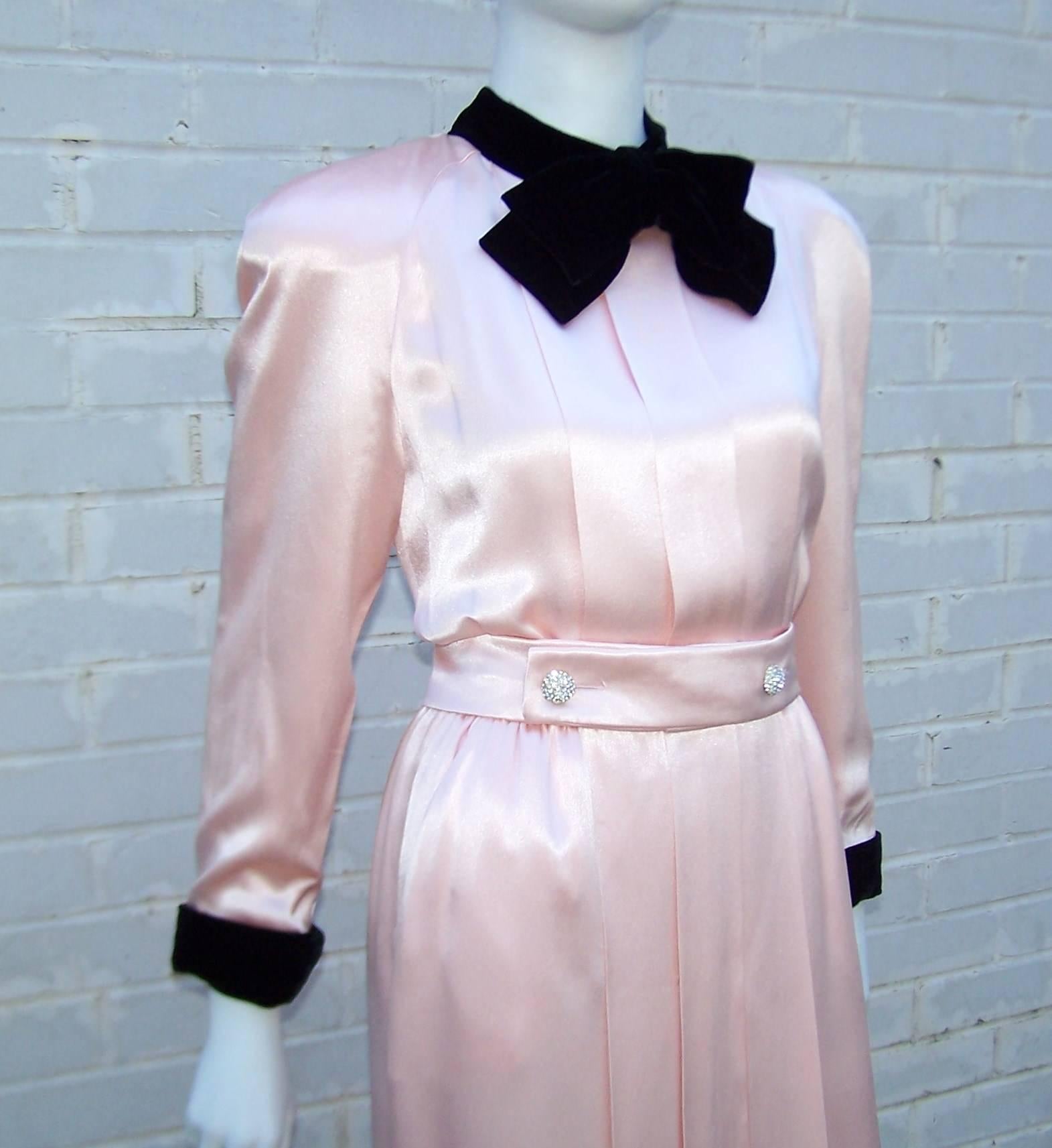Glam C.1980 Albert Nipon Pink Charmeuse Dress With Black Velvet Details 1
