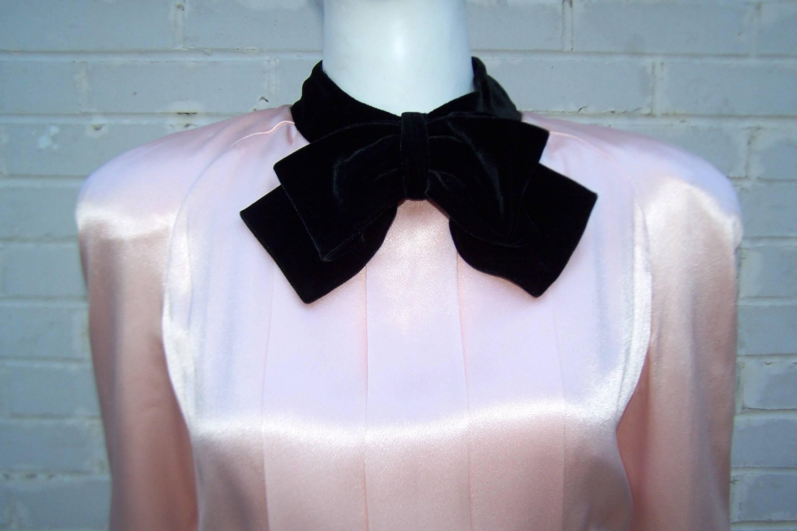 Glam C.1980 Albert Nipon Pink Charmeuse Dress With Black Velvet Details 3