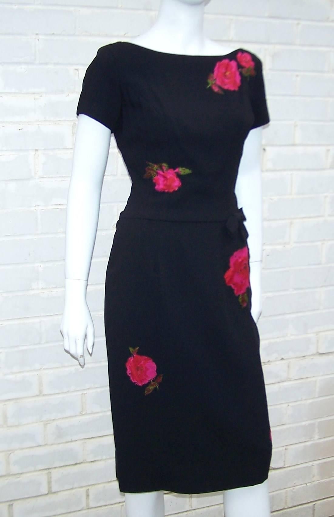 Classic 1950's Black Wiggle Dress With Rose Appliques In Excellent Condition In Atlanta, GA