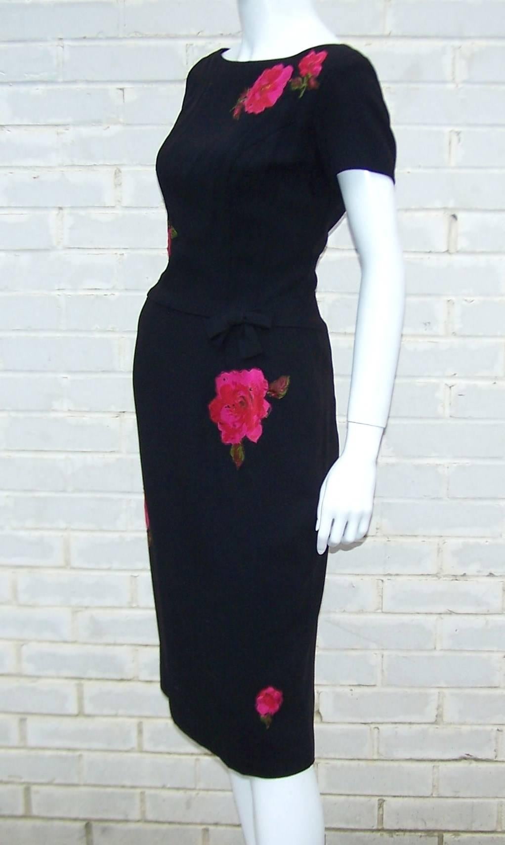 Women's Classic 1950's Black Wiggle Dress With Rose Appliques