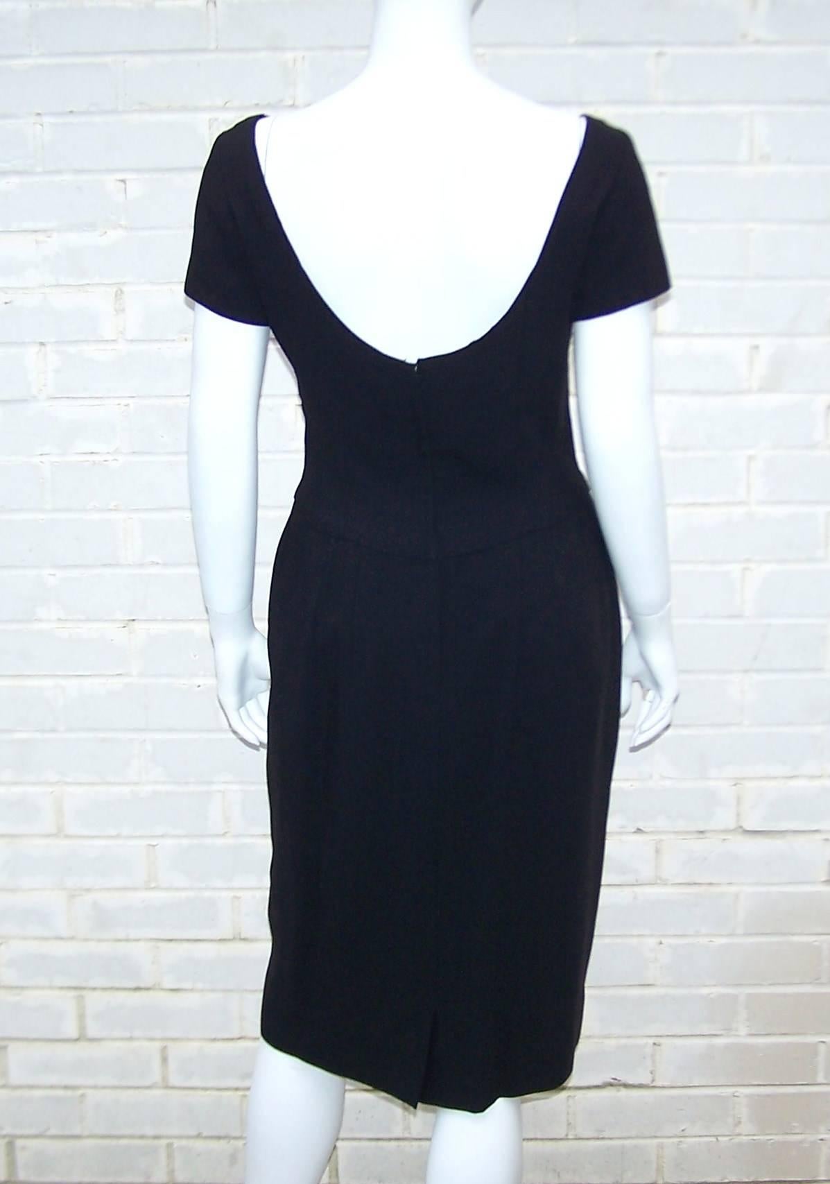 Classic 1950's Black Wiggle Dress With Rose Appliques 1