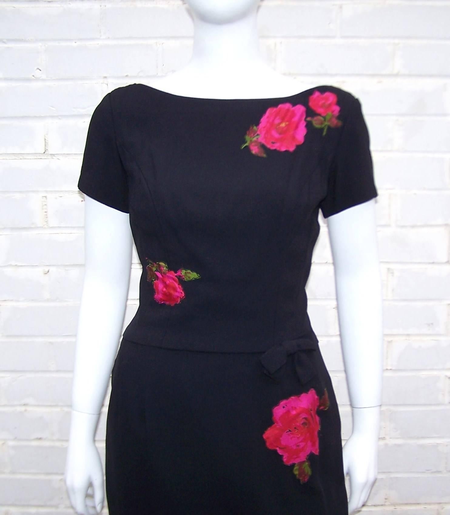 Classic 1950's Black Wiggle Dress With Rose Appliques 2
