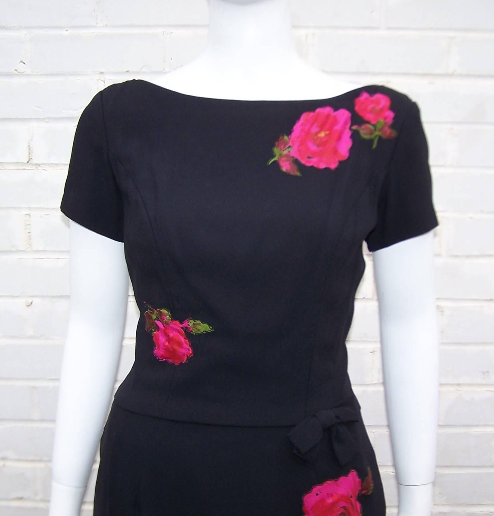 Classic 1950's Black Wiggle Dress With Rose Appliques 3