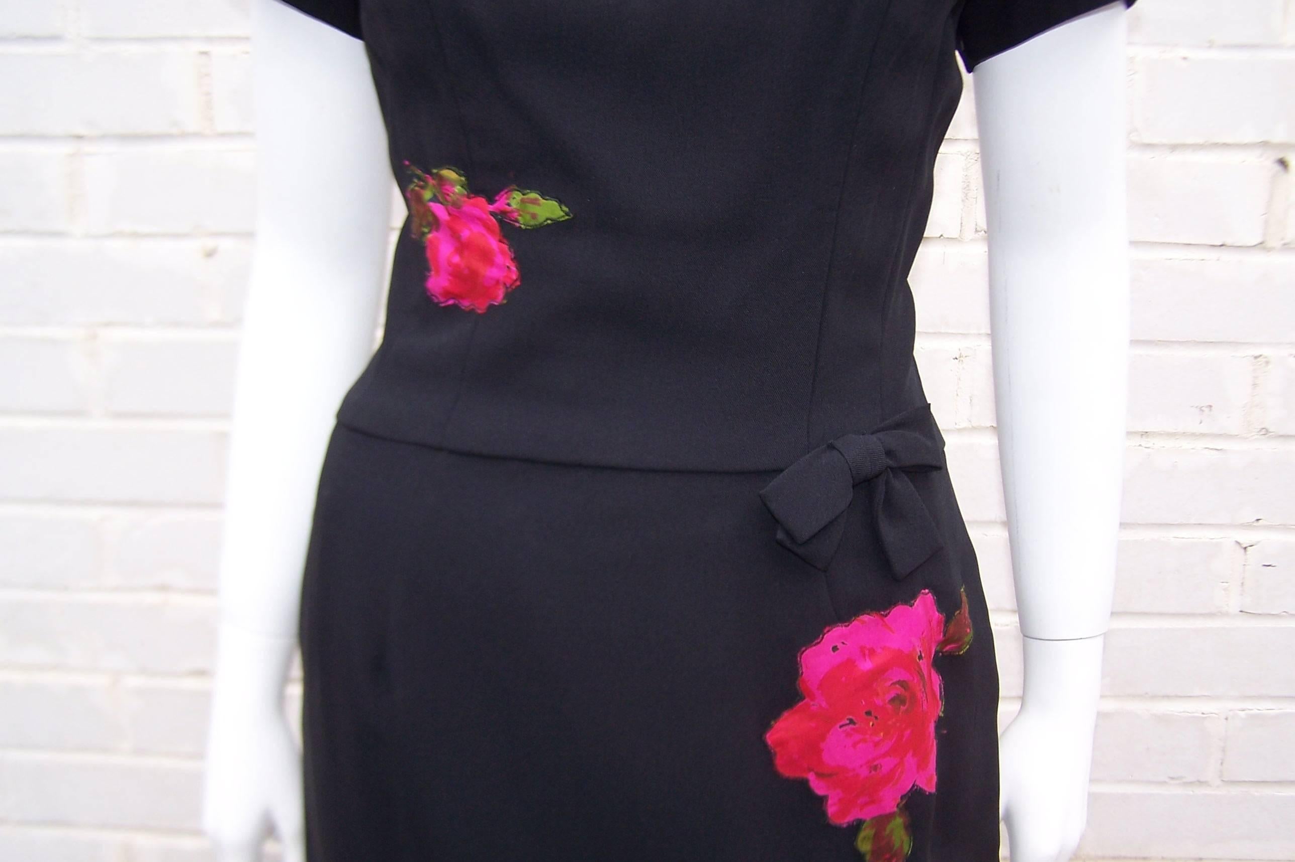 Classic 1950's Black Wiggle Dress With Rose Appliques 4