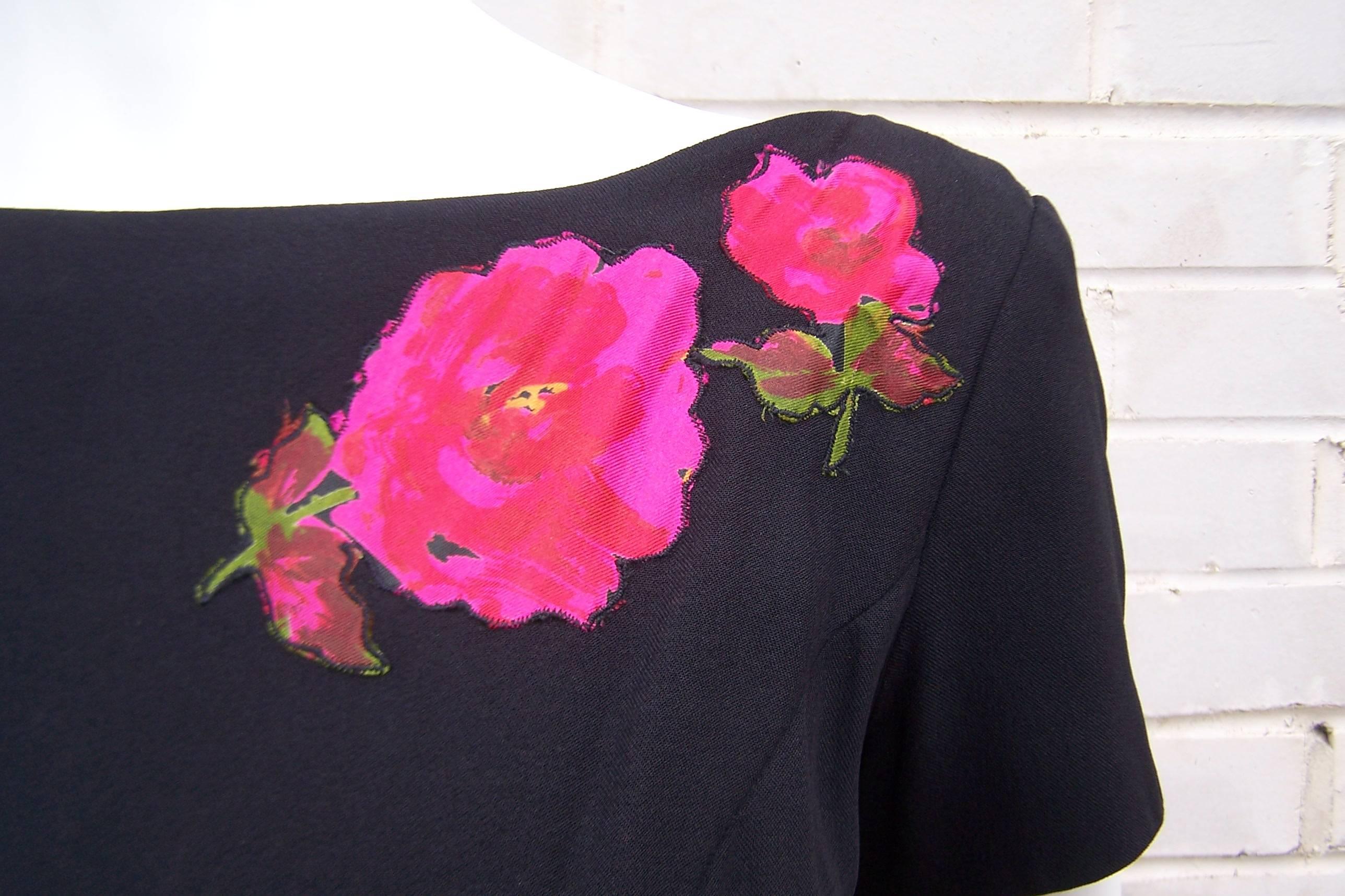 Classic 1950's Black Wiggle Dress With Rose Appliques 5