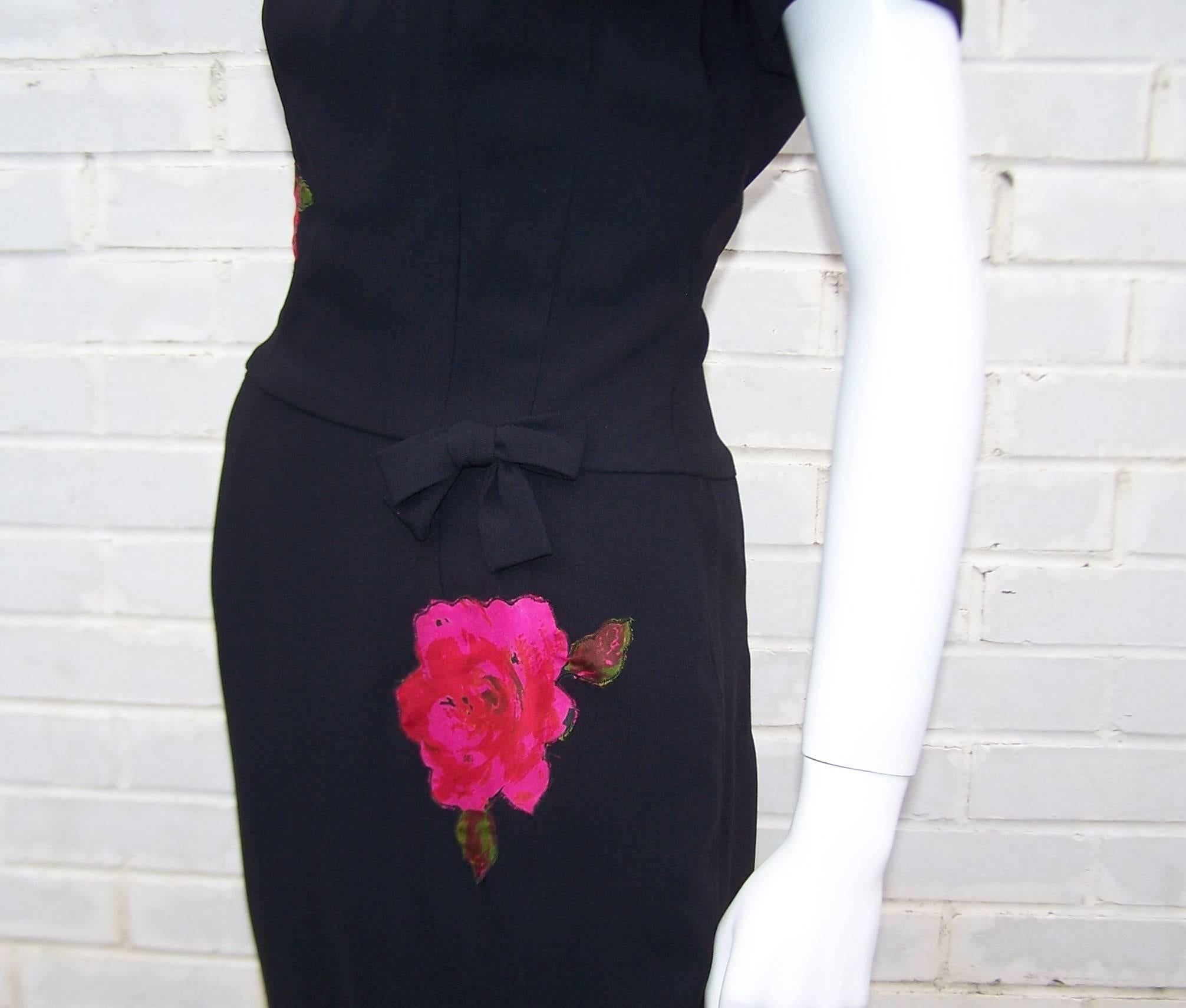 Classic 1950's Black Wiggle Dress With Rose Appliques 6