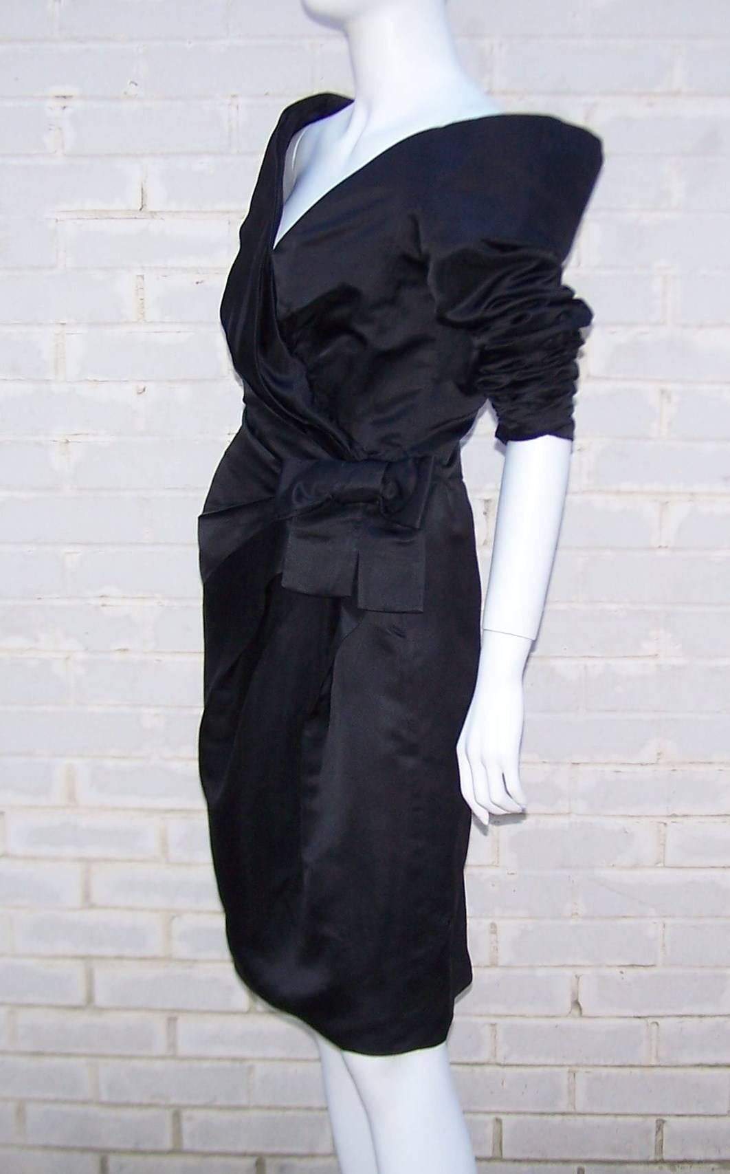 Dramatic 1980's Scaasi Black Ruched Cocktail Dress In Excellent Condition In Atlanta, GA