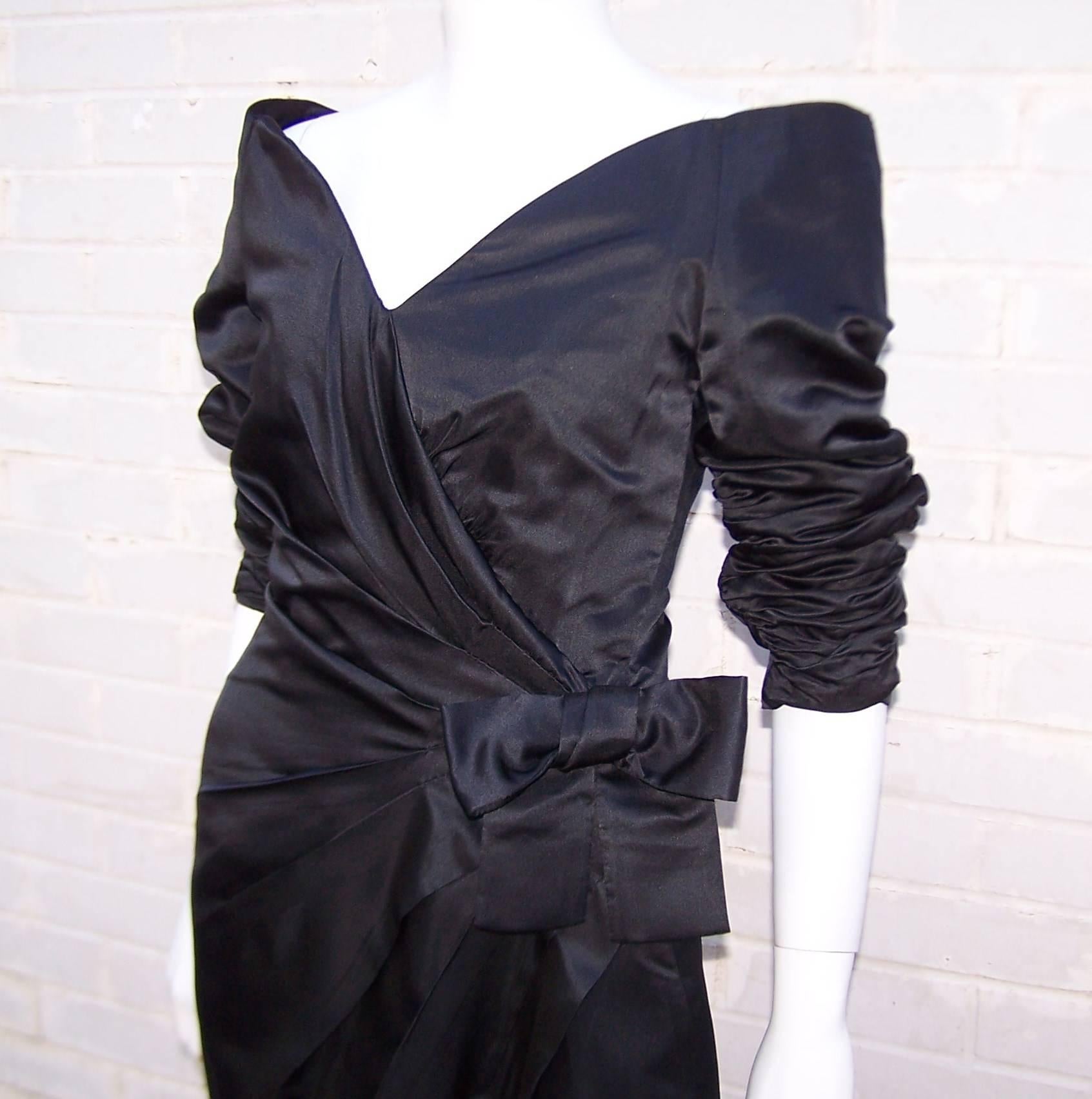 Dramatic 1980's Scaasi Black Ruched Cocktail Dress 2