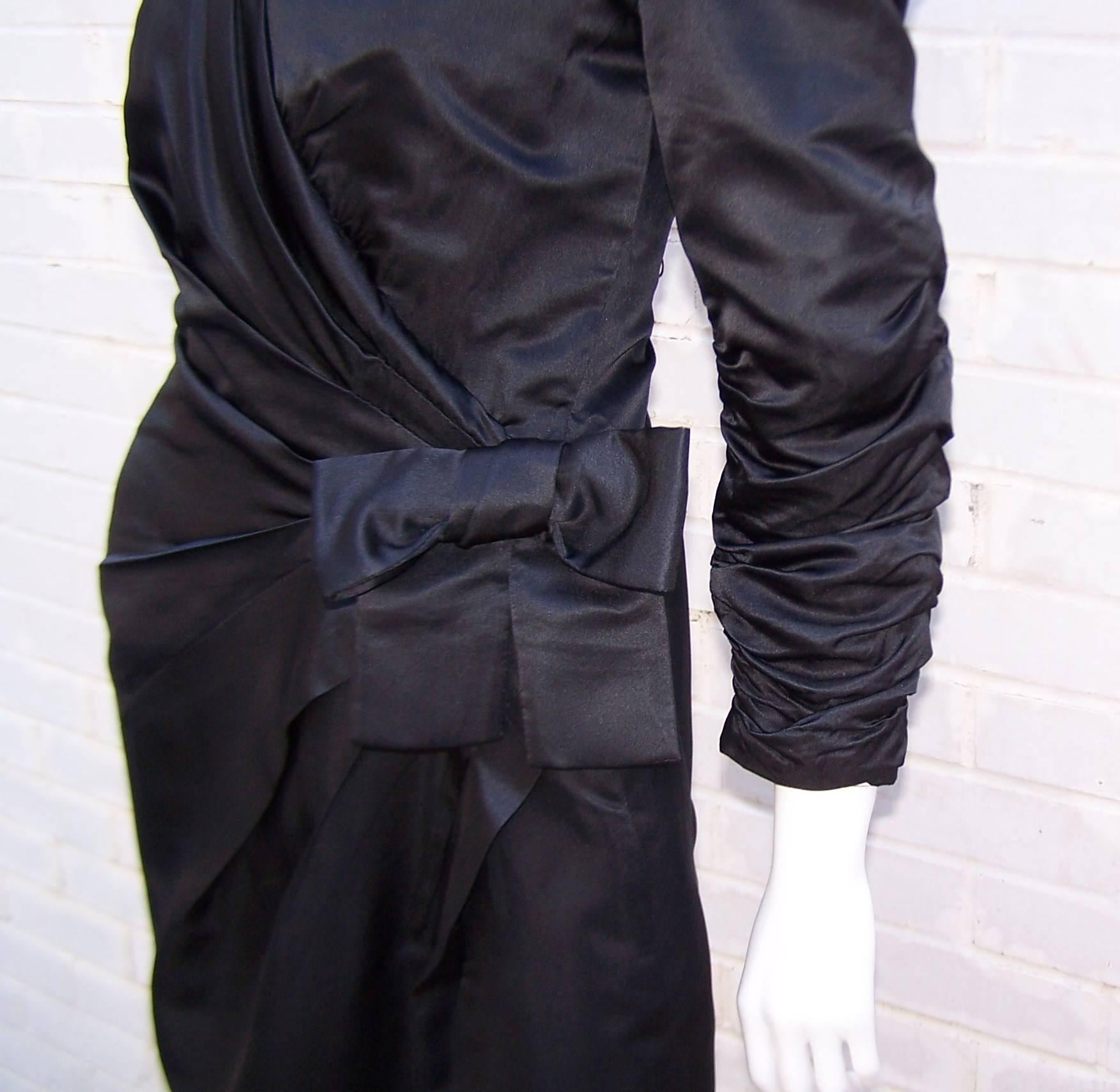 Dramatic 1980's Scaasi Black Ruched Cocktail Dress 3