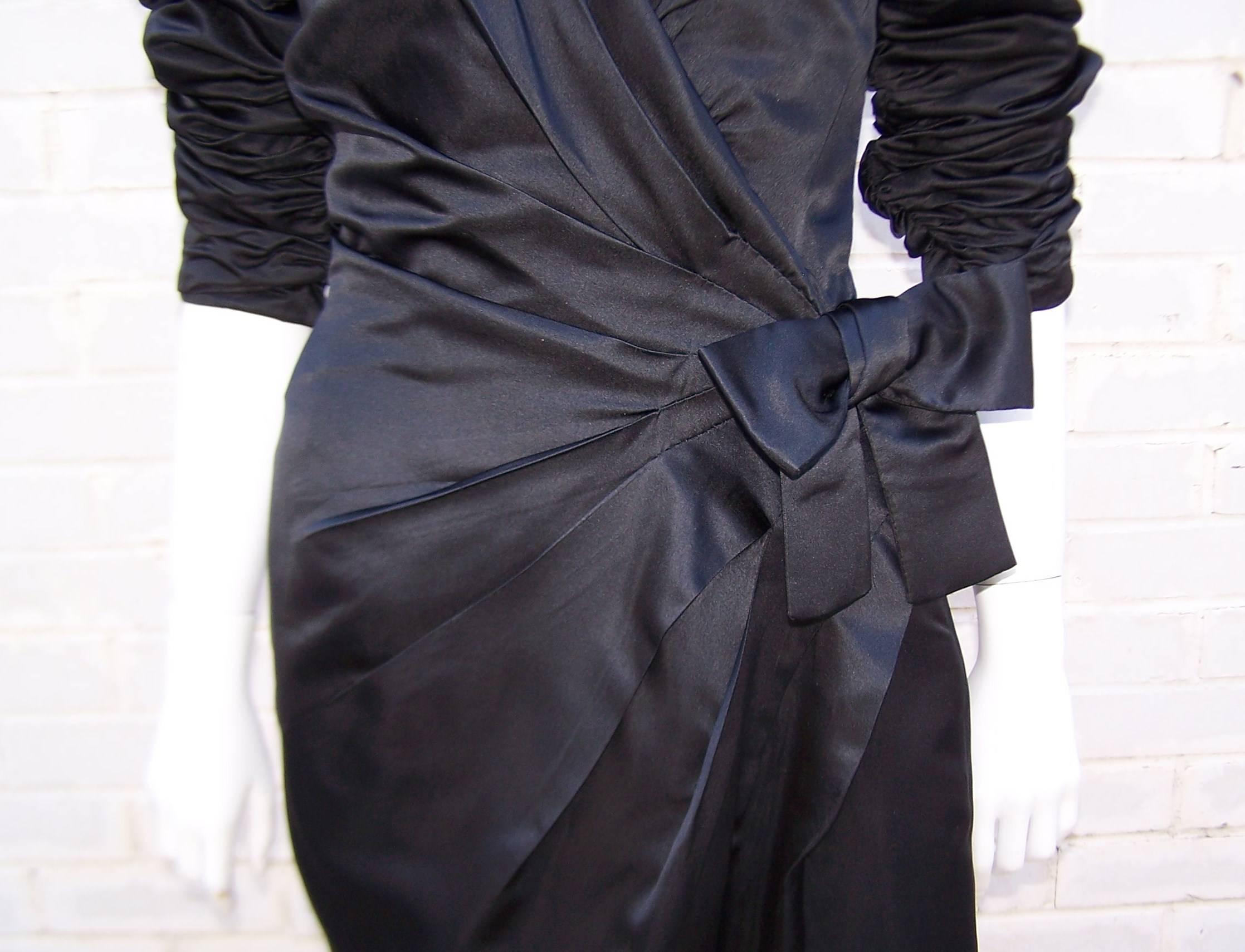 Dramatic 1980's Scaasi Black Ruched Cocktail Dress 4