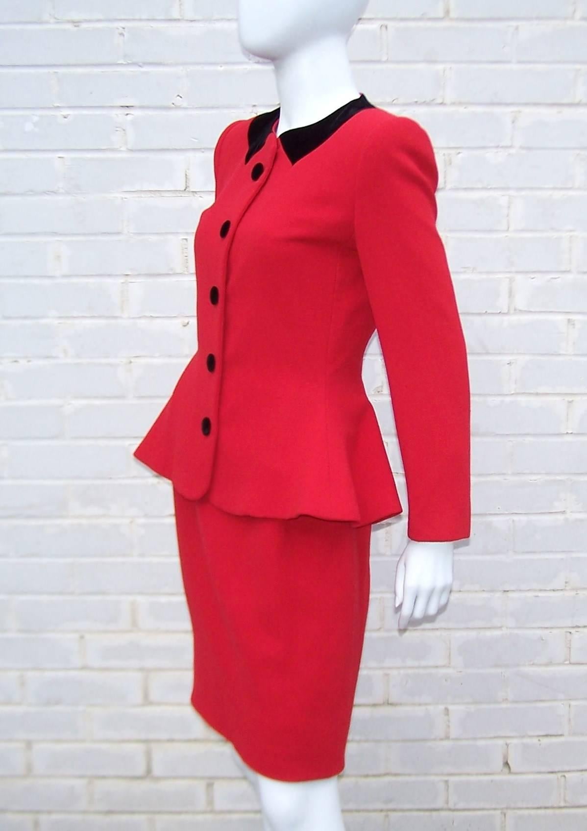 Red Ultra Feminine C.1990 Carolina Herrera Peplum Suit With Velvet Details