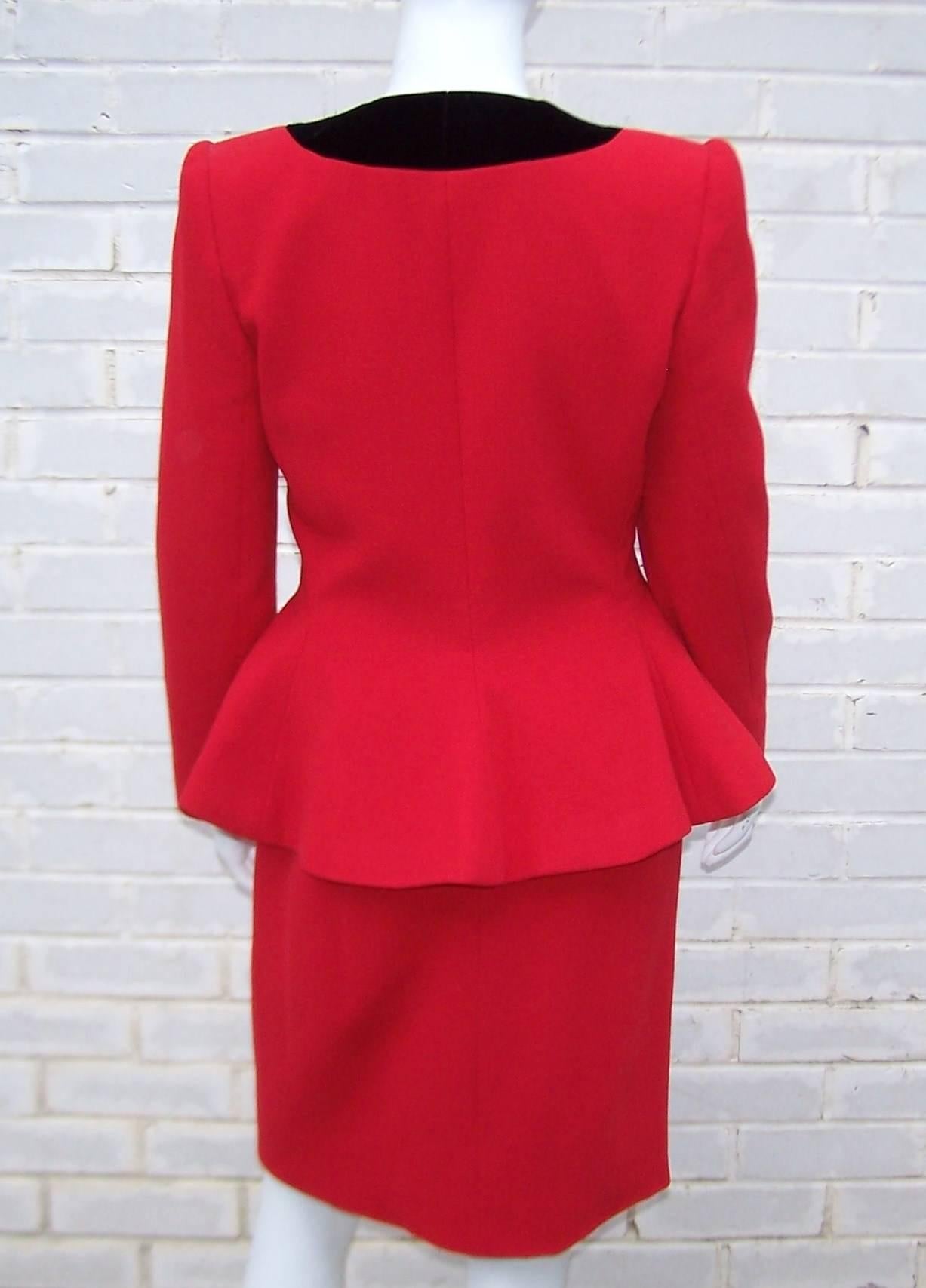 Ultra Feminine C.1990 Carolina Herrera Peplum Suit With Velvet Details In Excellent Condition In Atlanta, GA