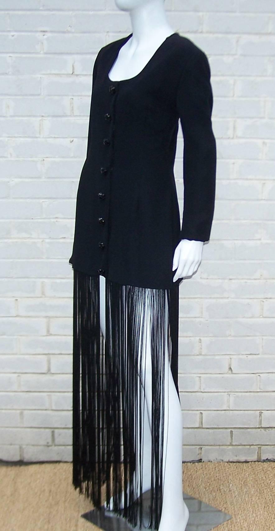 1980's Black Crepe Jacket or Dress With Fringe Benefits In Excellent Condition In Atlanta, GA