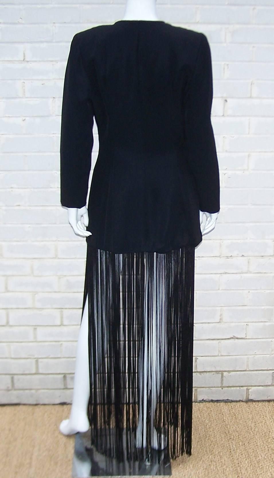 Women's 1980's Black Crepe Jacket or Dress With Fringe Benefits