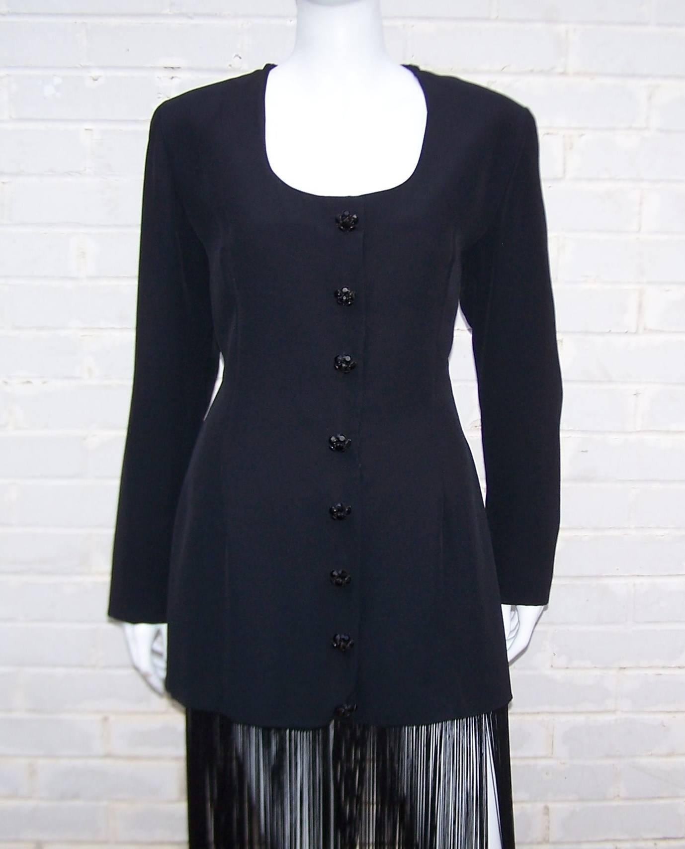 1980's Black Crepe Jacket or Dress With Fringe Benefits 1